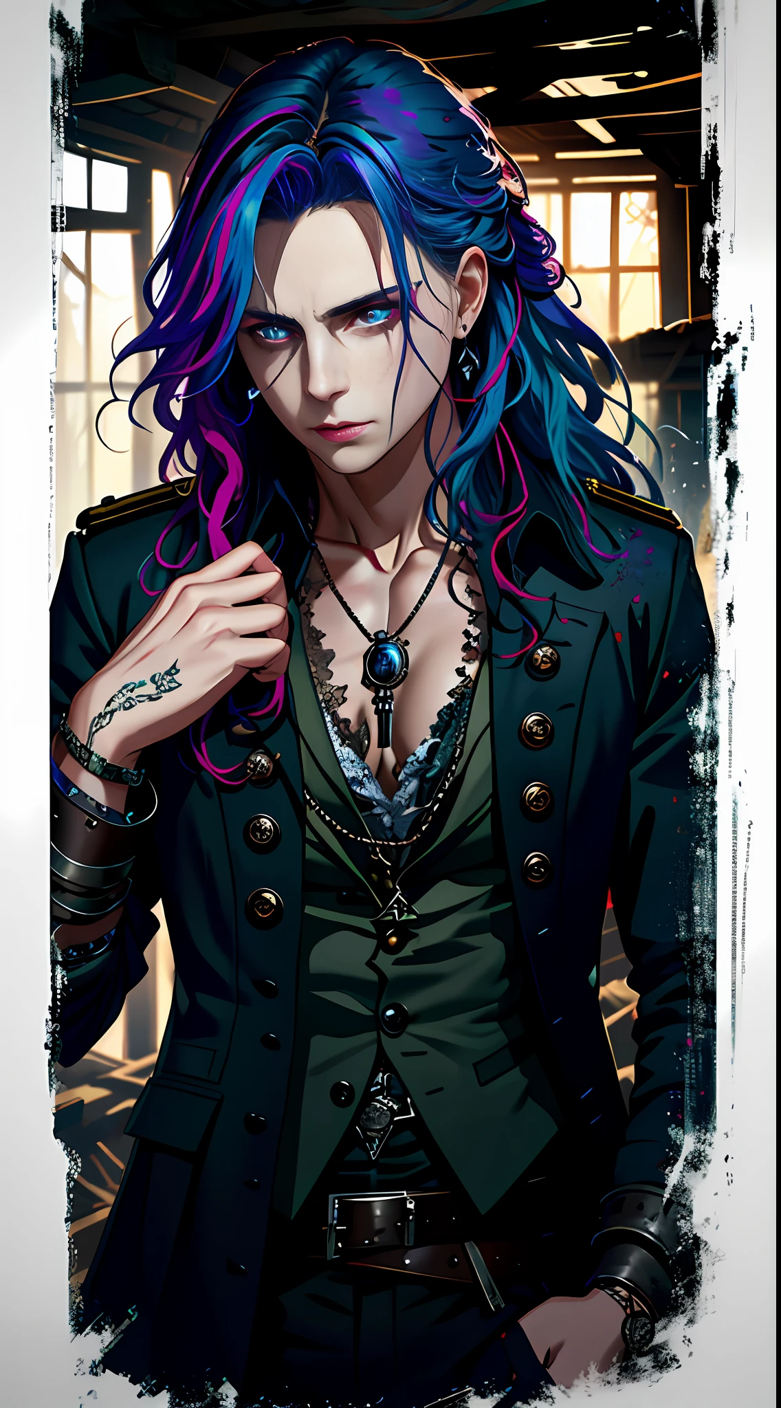 Dark and gloomy whole body 8K uniform rendering, Maiden pirate, Rainbow gradient hair, Wearing tattered armor, In a cluttered shack , Motion blurred,action shot, tattered torn shirt, Cracking of porcelain skin, skin pore, detailed intricate iris, Sail ships,the ocean,very dark lighting, heavyshading, Detailed, Detailed face, (vibrant, photograph realistic, Realistic, Dramatic, Dark, Sharp focus, 8K)