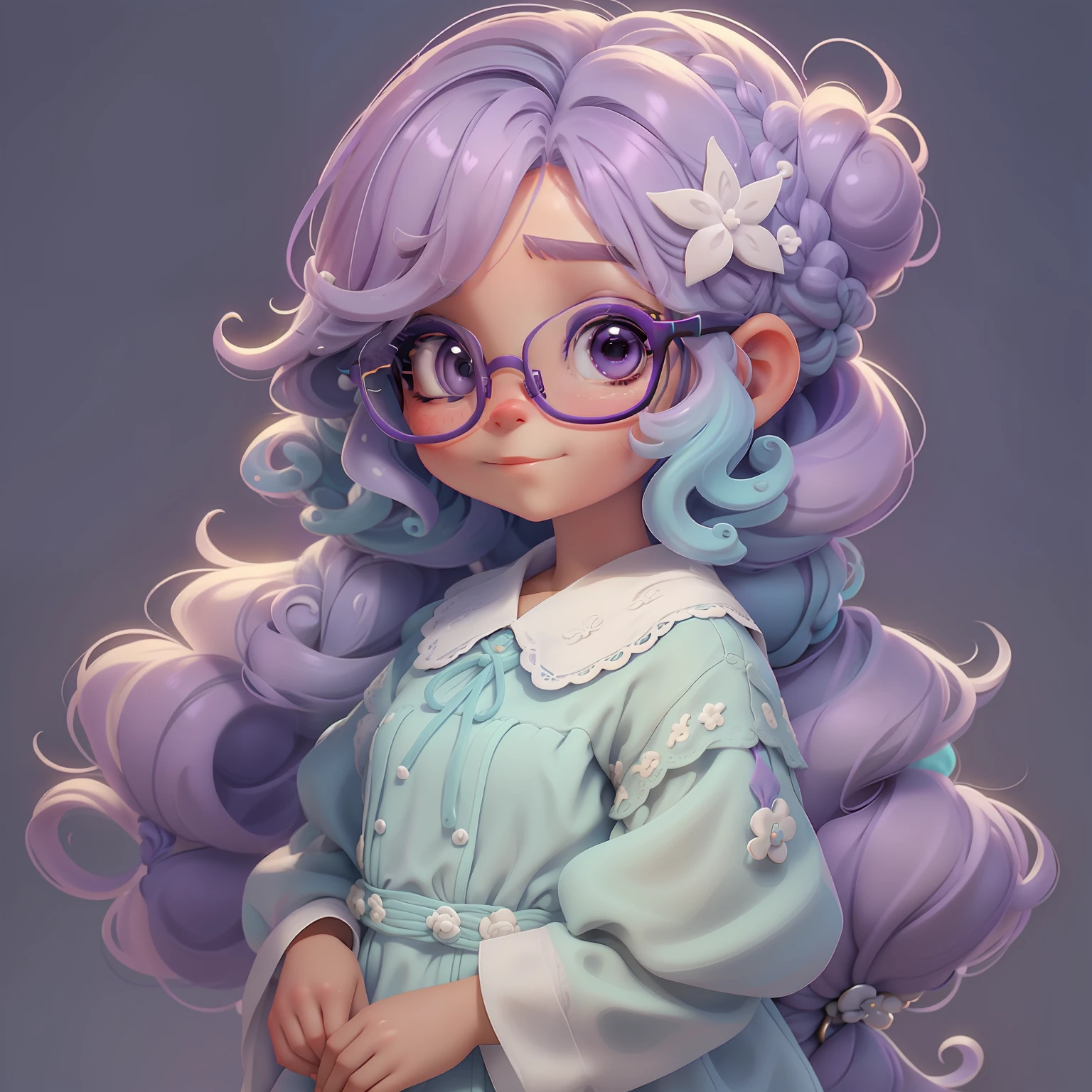 lama, (lama), Slime hair Penteado duplo buns estilo de cabelo, Uva Roxo, white glasses, Vestido branco da princesa com cinto da arma, master part, best quality