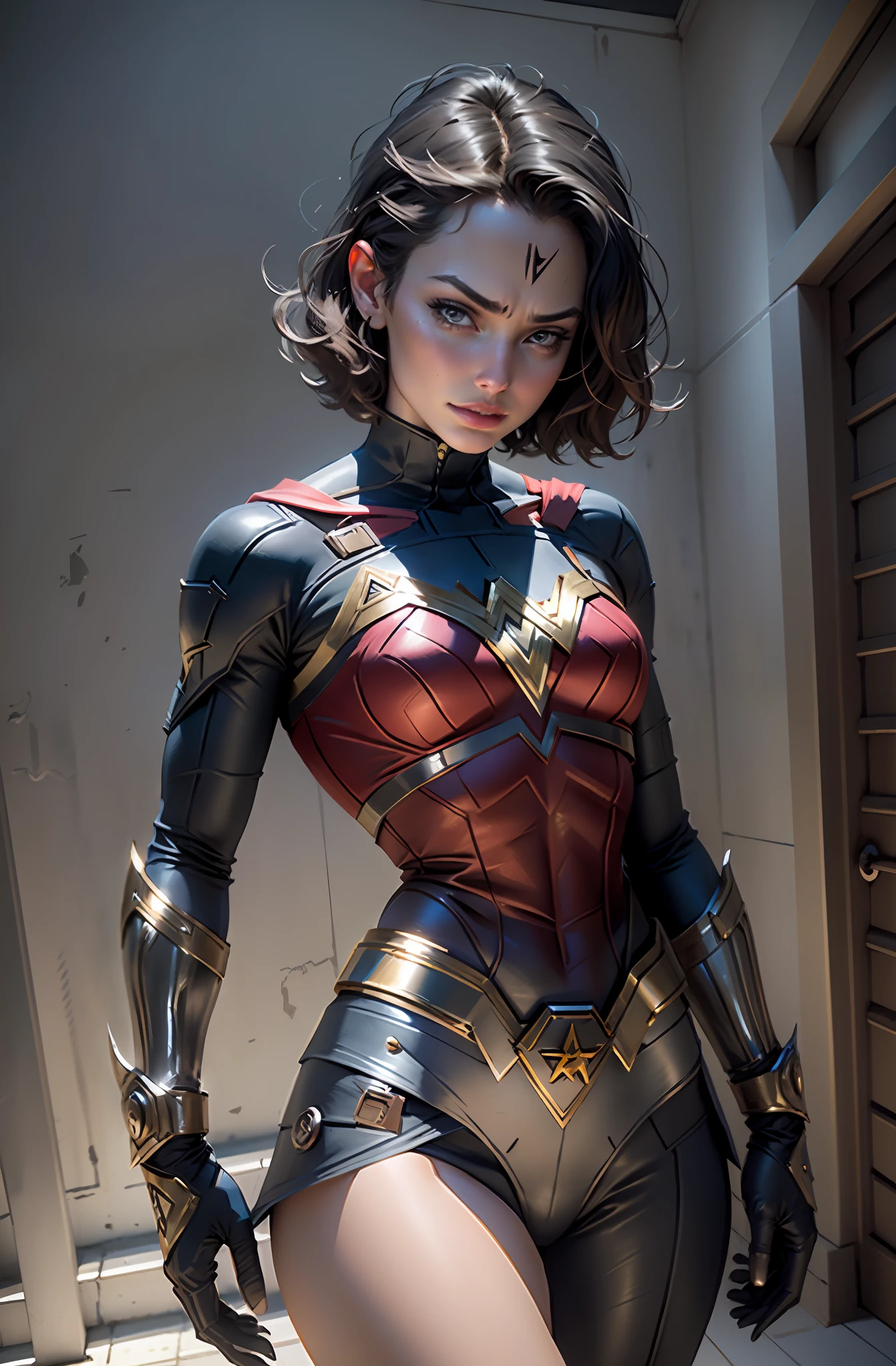 "Wonder Woman traje actual surrealista  fucionada con Wolverine ((mejor calidad, Better lighting)), Beautiful model with short hair and athletic body, con cosplay de Supergirl, senos acentuados y resaltados, dynamic  pose, fondo colorido, high saturation, Luces vibrantes."