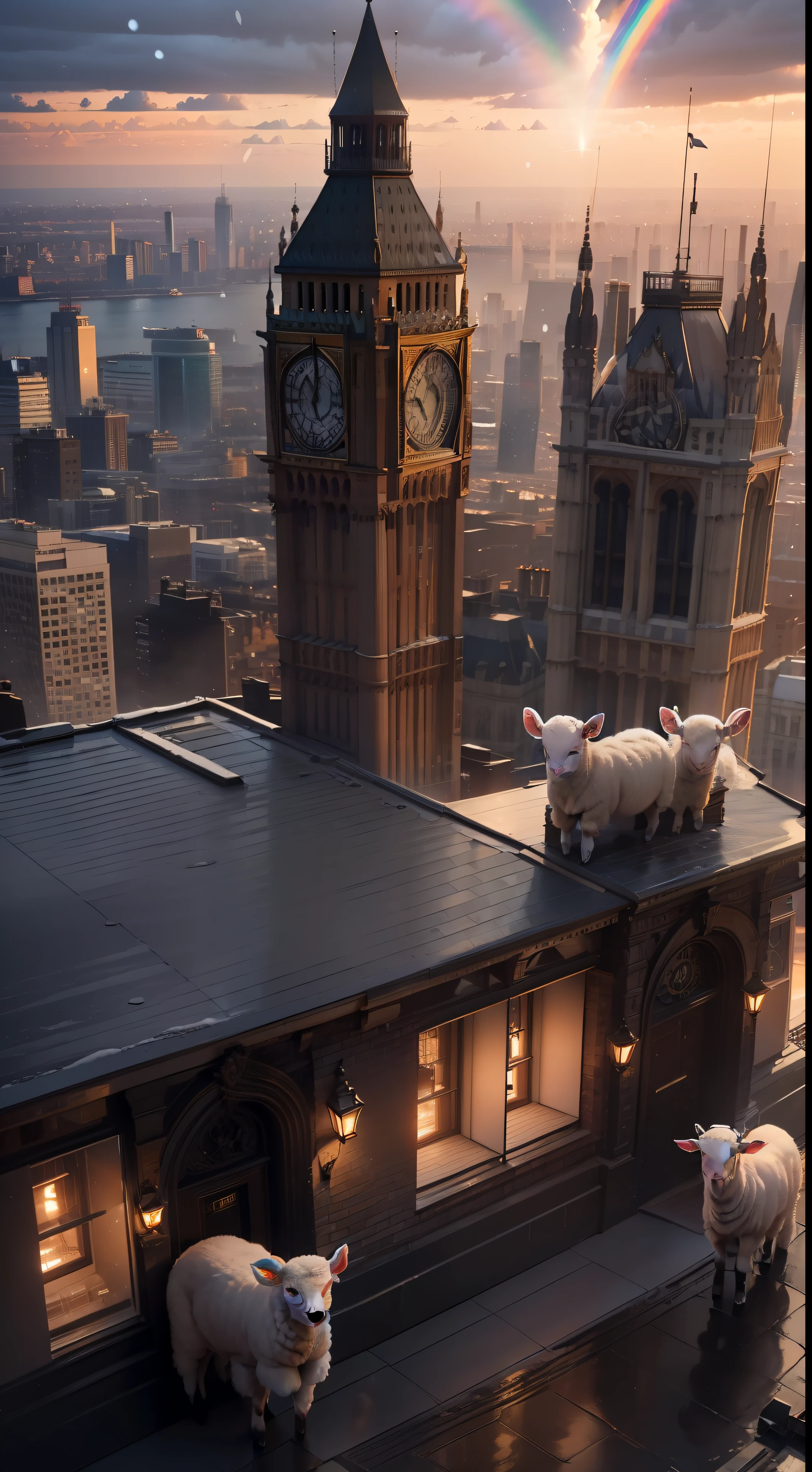 4 lambs standing on top of a tall building in the middle of London city looking around curiously, (((wide shot))), sunset in background, skyscrapers, Big Ben, London bridge, (((London skyline))), buildings, city skyline, vibrant sky, subject: 4 lambs standing on roof top of tall building, cinematic, hyper realistic photo, 8k render, curious animals, overcast, (((4 lambs))), rainbow in sky, snowfall, candid photo, English, city life, (((top view shot)))