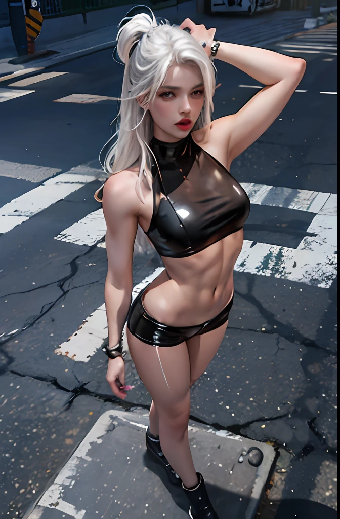 overhead view, 1 woman, abs, wide shot, white crop top, leather short shorts, oversized leather jacket, open shoulders, silver hair, large breasts, long hair, wide hips, leaning to the side, street, full body