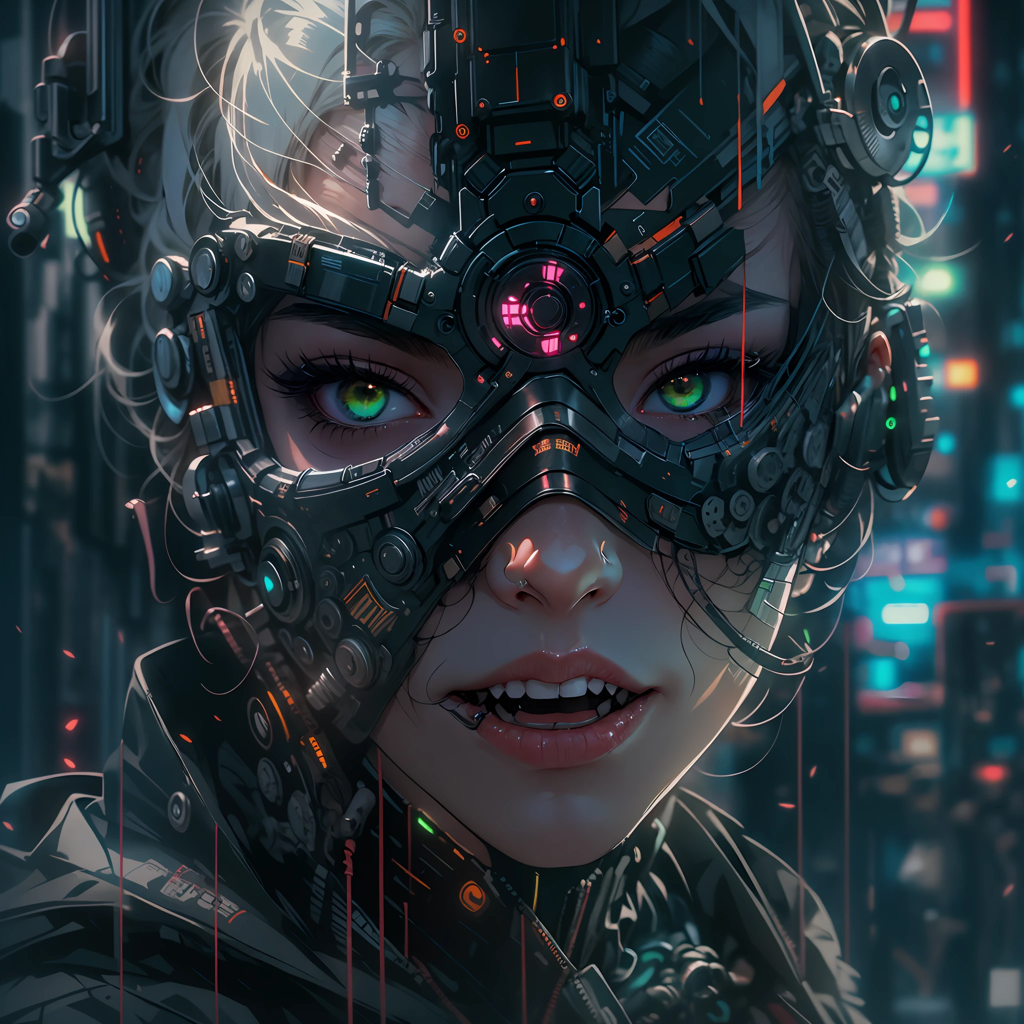 1girl, wear cyberpunk mask, neon mask, detail mask, face portiere, close up shot, from abov, cyberpunk city