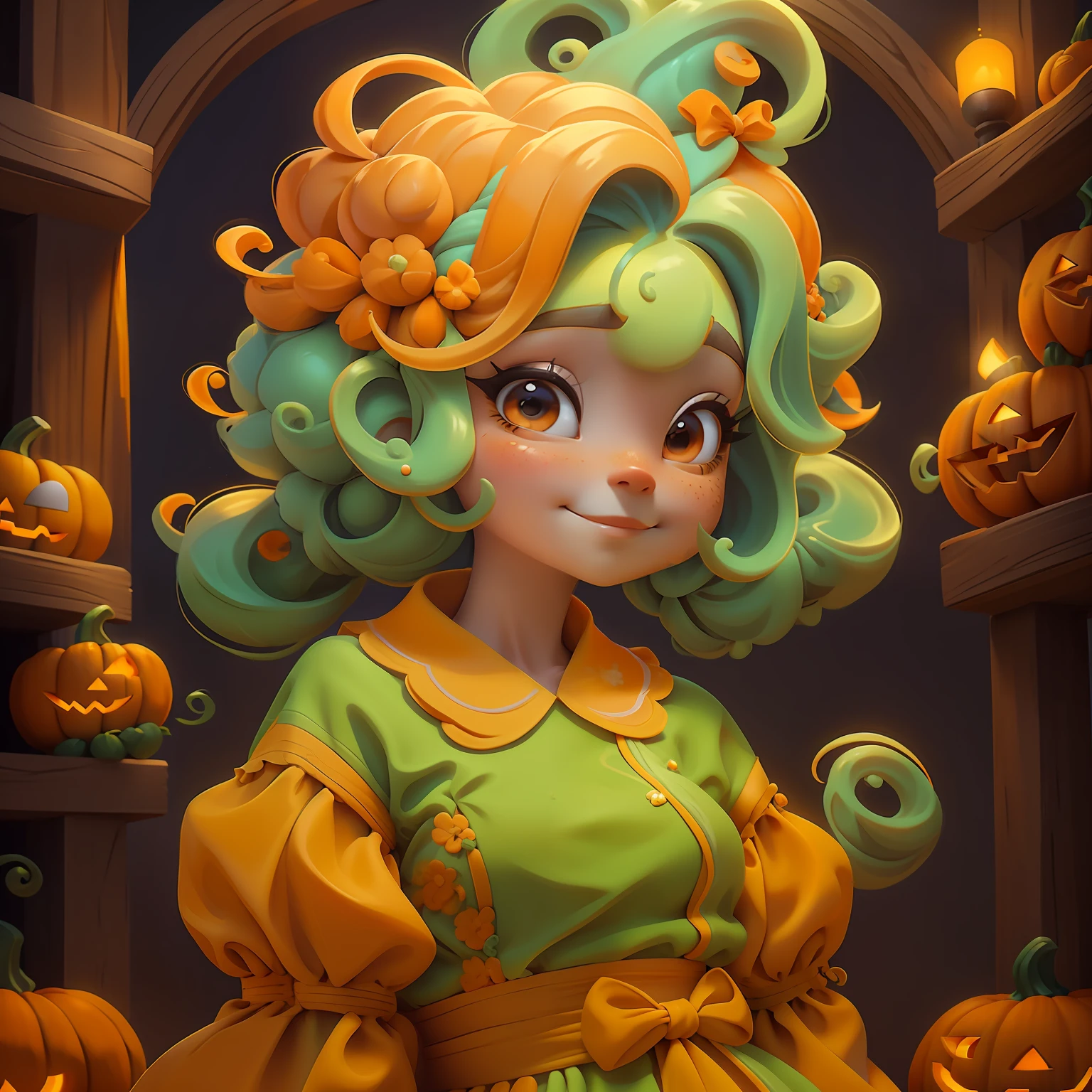  lama, (lama), Slime hair Penteado duplo buns estilo de cabelo, Orange Pumpkin, Vestido branco da princesa com cinto da arma, master part, best quality