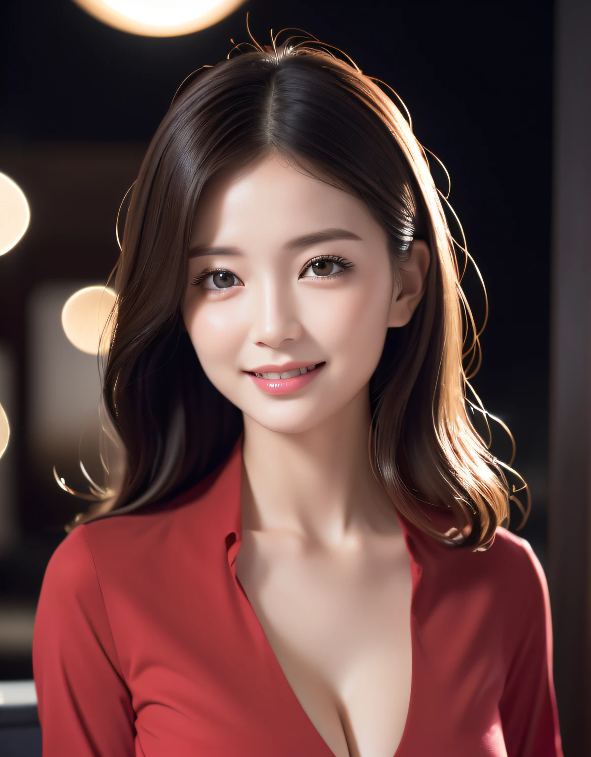 (((Night situation:1.5))), photorealistic, (8k, RAW photo, best quality, masterpiece:1.2), High detail RAW color photo, professional photograph, cowboy shot, (realistic, photo realistic:1.37), cinematic light, (finery detailed face:1.2), white skin, real human skin, (detailed face), oval face, pores, ultra high res, BREAK, thigh 1girl, (((look back:1.2), (thrust out one's hip:1.2))), very cute, very beautiful, photo realistic, Beauty cabin attendant, 38-48 years old, curby:1.15, (medium-breast:1.37, cleavage:1.37), (looking straight at viewer with a serene and goddess-like happiness:1.2), (beautiful thin hair, brown hair), (lifter gloss, eyelashes, gloss-face, best quality, ultra highres, Broad lighting, natural shading), BREAK, (seductive look, (detailed cabin attendant Uniform:1.3, red uniform:1.3)), BREAK, ((shy, light smile:1.3, happy;1.3, closed mouth:1.3, blush, in heat, presenting)), BREAK, ((Night airport rouge view:1.5, night, star, starry, moody lighting:1.5, cinematic light)), ((sexy random posing:1.3, from below:1.3)), blurry background, bokeh, depth of field, (cowboy shot:1.3), centered image, perfect anatomy, perfect proportion,