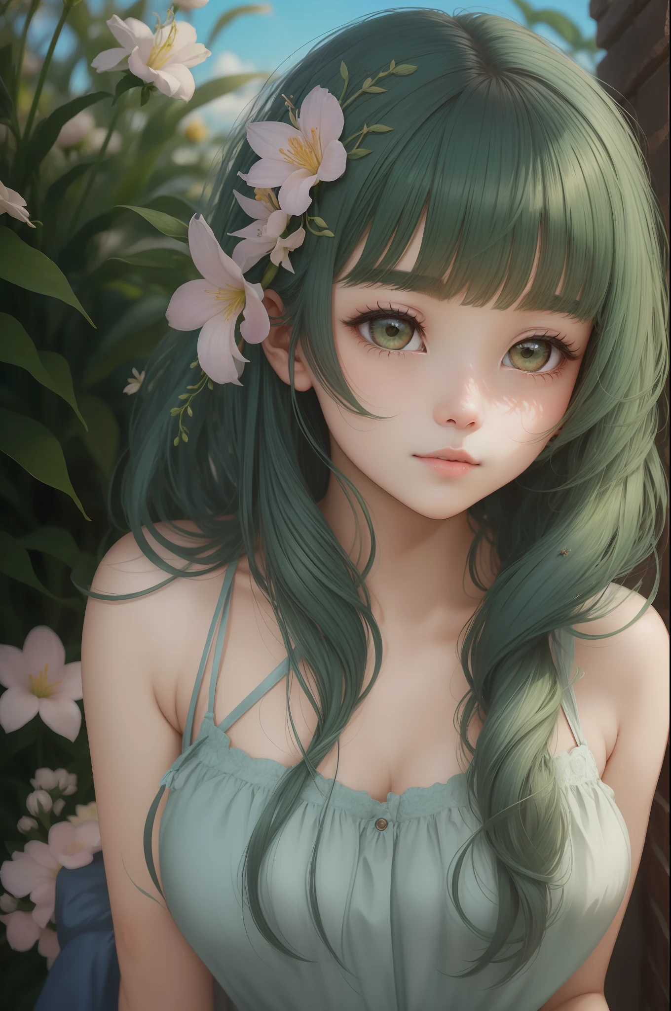 senior high school student、18 anos、Rosto kawaii、Seios estourados、Leite dos sonhos、Ultramammy、Saias com babados curtos、calcinha branca、Fita grande bonito、Empregada Francesa、cabelo verde、Caudas duplas、olhos vermelhos、grassy plains、jardim de flores、Flores brilhantes、luz suave