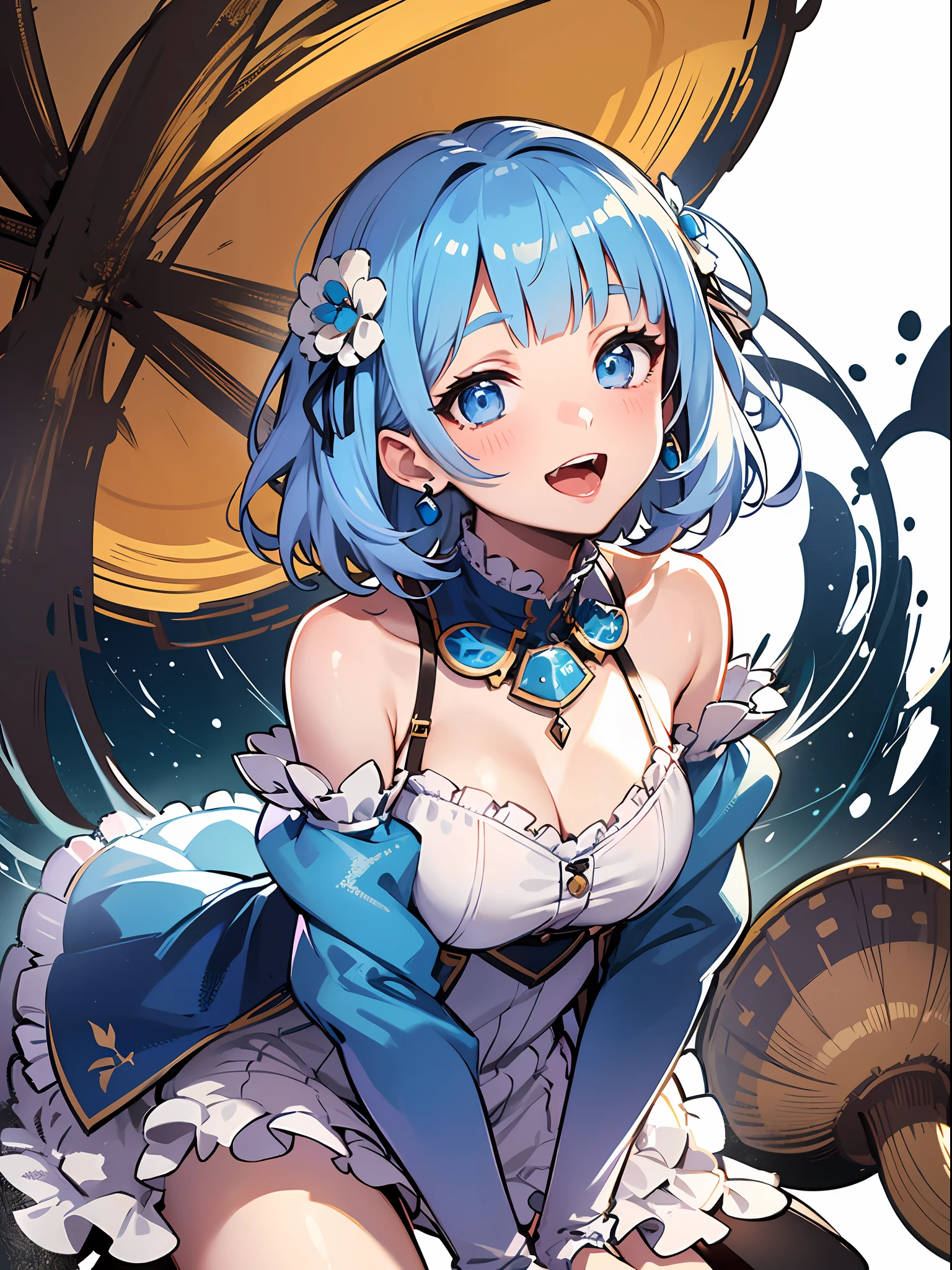 (masterpiece:1.3), (best quality:1.3), high resolution,
overlook view, couboy shot,
leaning forward, body facing forward, licking a big mushroom,
(one cute girl:1.3), solo,
white skin, small Breast, eight-headed person,
light blue hair, (bobbed hair:1.2), (short hair:1.1), (blunt bangs:1.2), beautiful hair, blue eyes, beautiful detailed eyes,
blush, open mouth, cheerful smile,
short dress, frill, white and blue clothes, detached sleeves, earrings,
(white background:1.2),
shadowlighting,