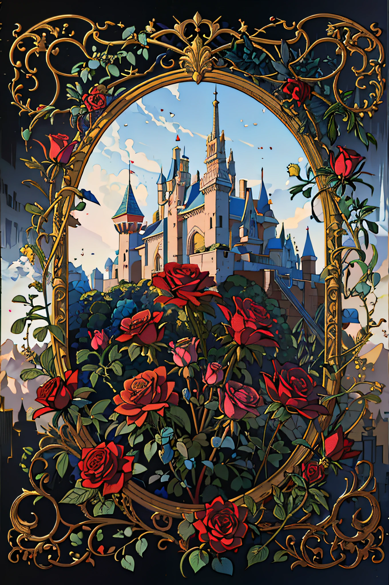 Imagem minimalista de um castelo com rosas vermelhas em primeiro plano, arte disney, Castelo bonito, magic castle, Fundo Disneyland, arte conceitual disney, arte de conto de fadas, pintura de conto de fadas, moldura dourada com rosas vermelhas, fantasia, Greg Hildebrandt altamente detalhado, fantasia arte vitoriana, beautiful render of a fairytale