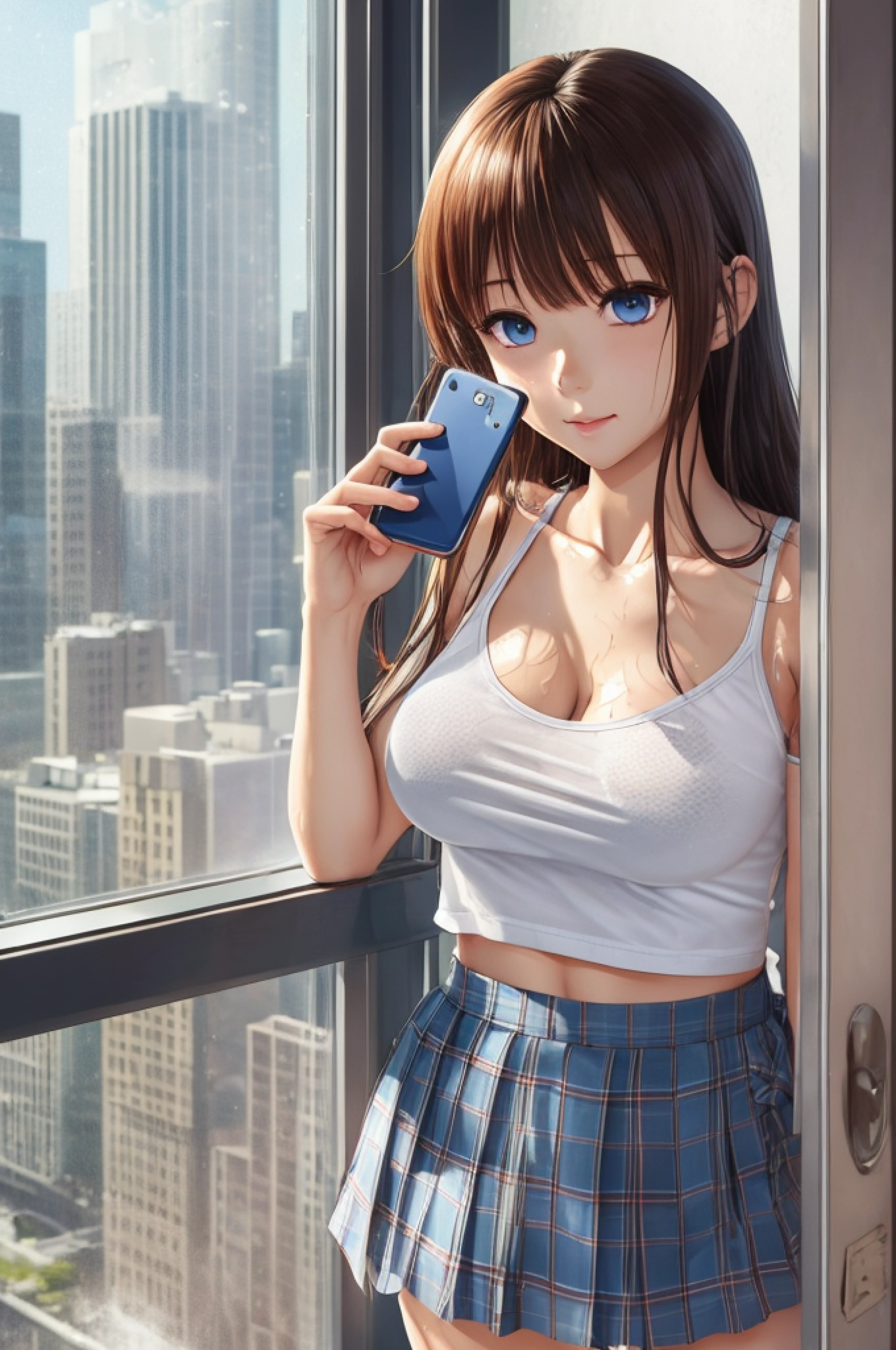 Anime girl in uniform talking on mobile phone, nagatoro, magical school student uniform, Hinata Hyuga, visual novel cg, nishimiya shouko, Smooth Anime CG Art, Rei Hiroe, shikamimi, yuyushiki, 4k highly detailed realistic, Photo of a beautiful 18-year-old Anglo-Saxon sweaty girl ((Sharp jawline)) and perky tits, Wearing wet clothes standing by the bedroom window、In a skyscraper with white walls、In a wet sports bra with a deep neckline