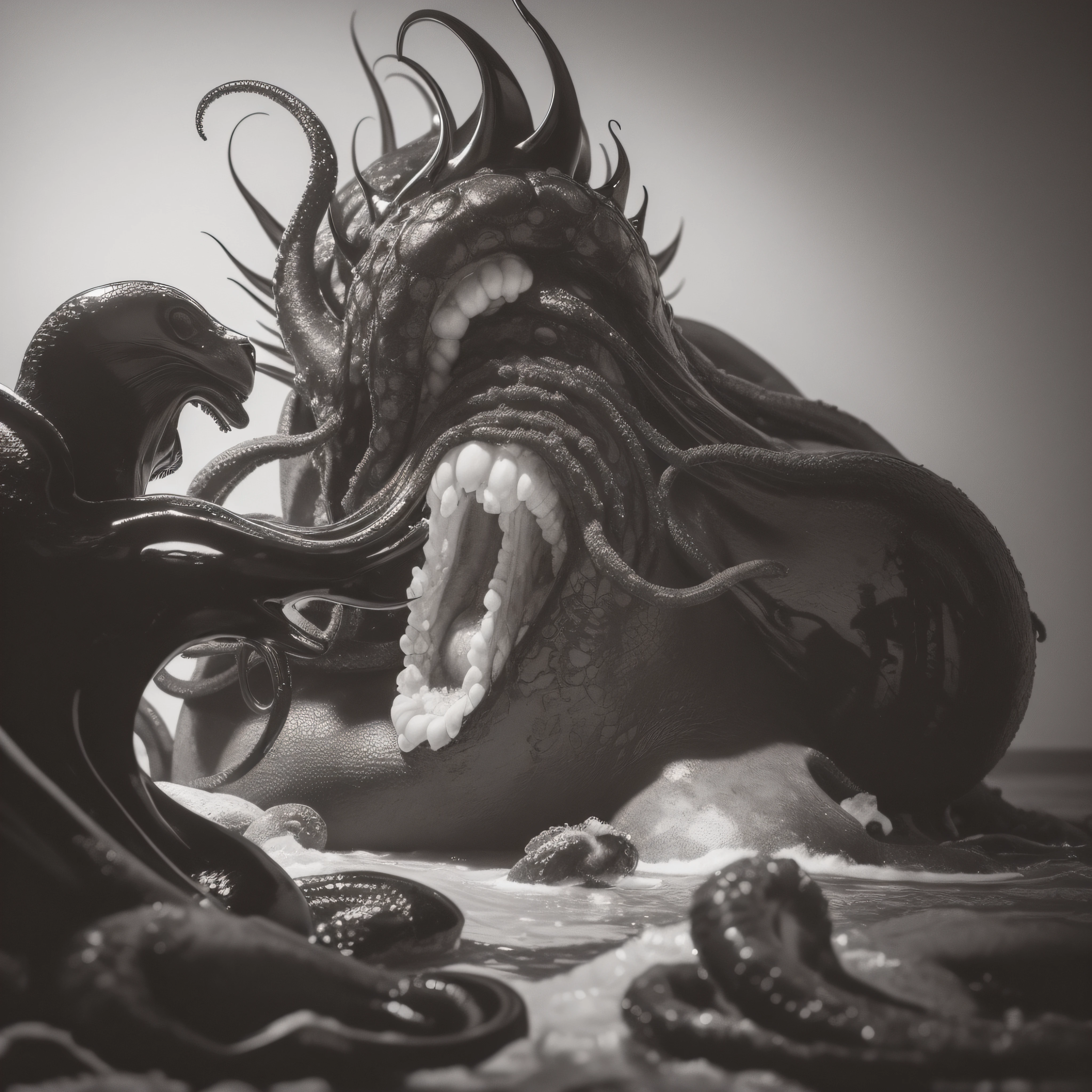 (extremadamente detallado, obra maestra, La mejor calidad), Estilo oscuro, intense illumination, rostro con arrugas, lengua larga, tentacle, deforme, monstruoso, interior de una piscina de agua verdosa, imagen submarina, alien con Colmillos finos, pico de pulpo amenazante. manchas de tinta. Rococo composition. Luz de caravaggio