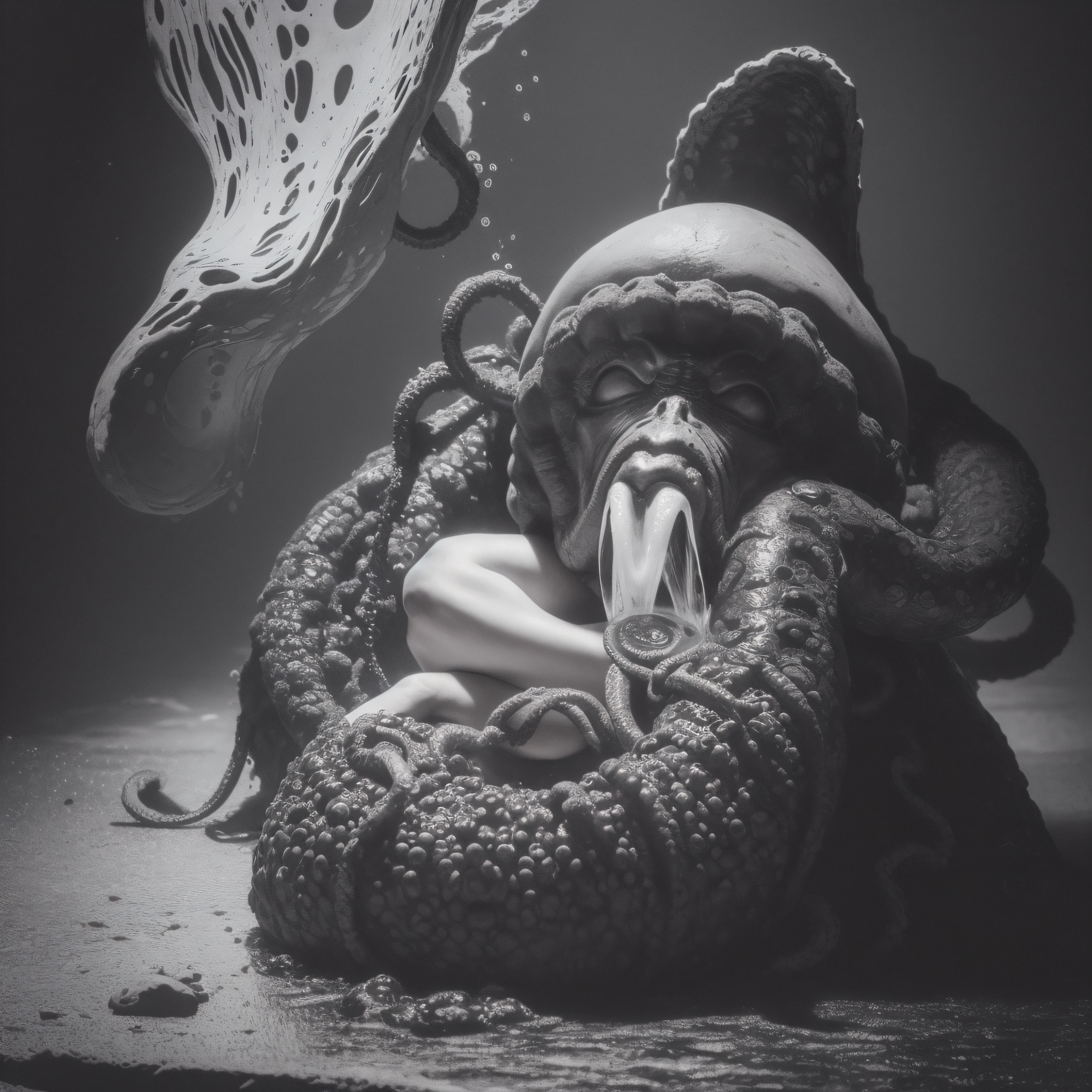 (extremadamente detallado, obra maestra, La mejor calidad), Estilo oscuro, intense illumination, rostro con arrugas, lengua larga, tentacle, deforme, monstruoso, interior de una piscina de agua verdosa, imagen submarina, alien con Colmillos finos, pico de pulpo amenazante. manchas de tinta. Rococo composition. Luz de caravaggio