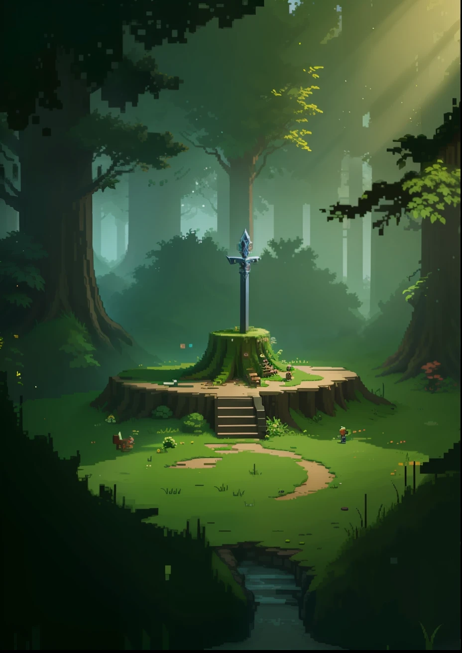 A nostalgic pixel art scene portraying a wooden stump surrounded by a serene forest backdrop. Embedded firmly into the tree stump is a pixelated sword, resembling the legendary weapon of Link from "The Legend of Zelda" series. The sword's hilt and blade are meticulously rendered with vibrant colors, and the pixel art depiction captures the essence of adventure and heroism, Pixel Art, 8x8 resolution, --ar 1:1 --v 5