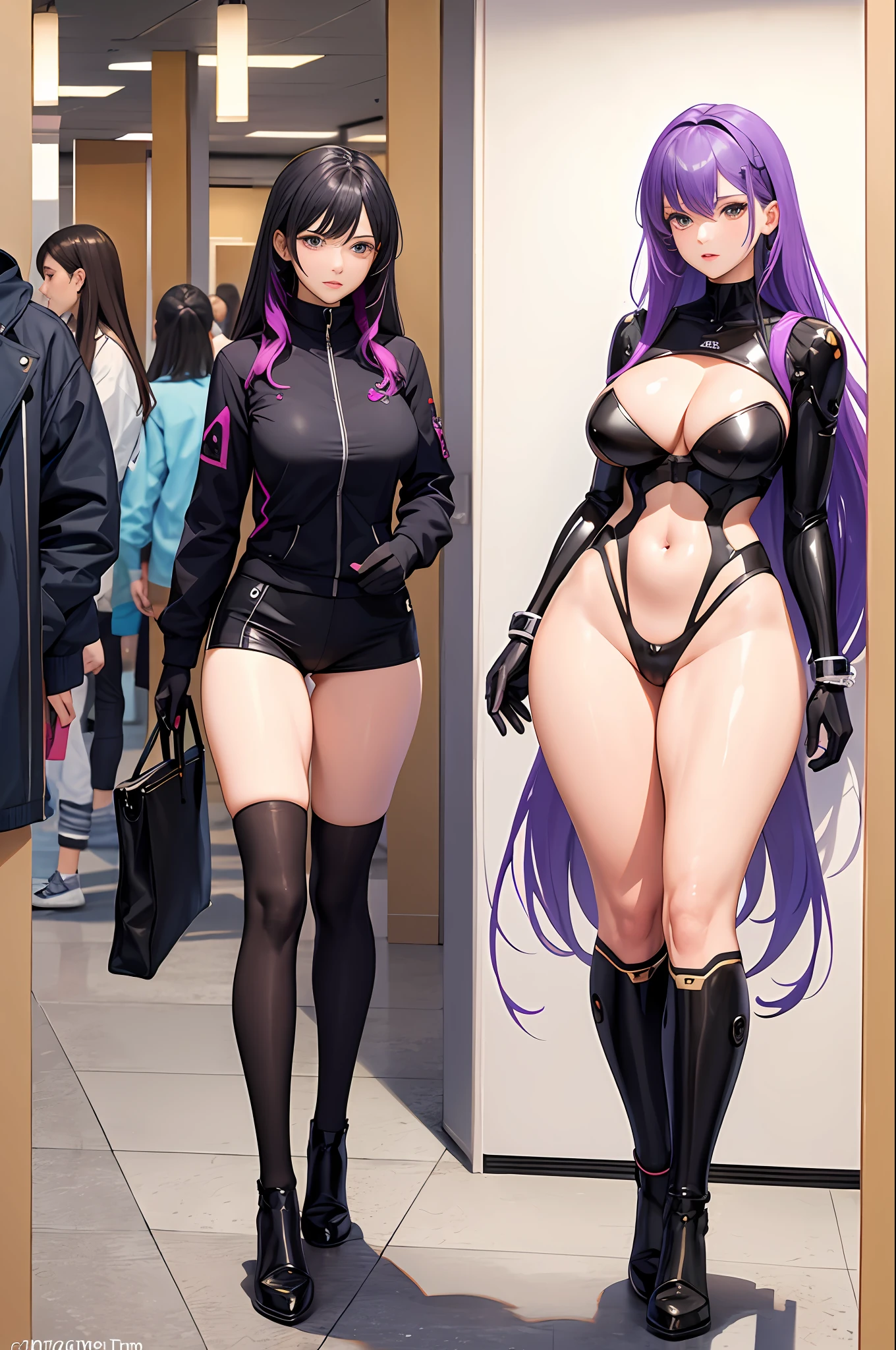Woman body definition thick thigh cybernetic body parts, Ropa interior corta, color principal morado, toma trasera, Focus on legs and buttocks.