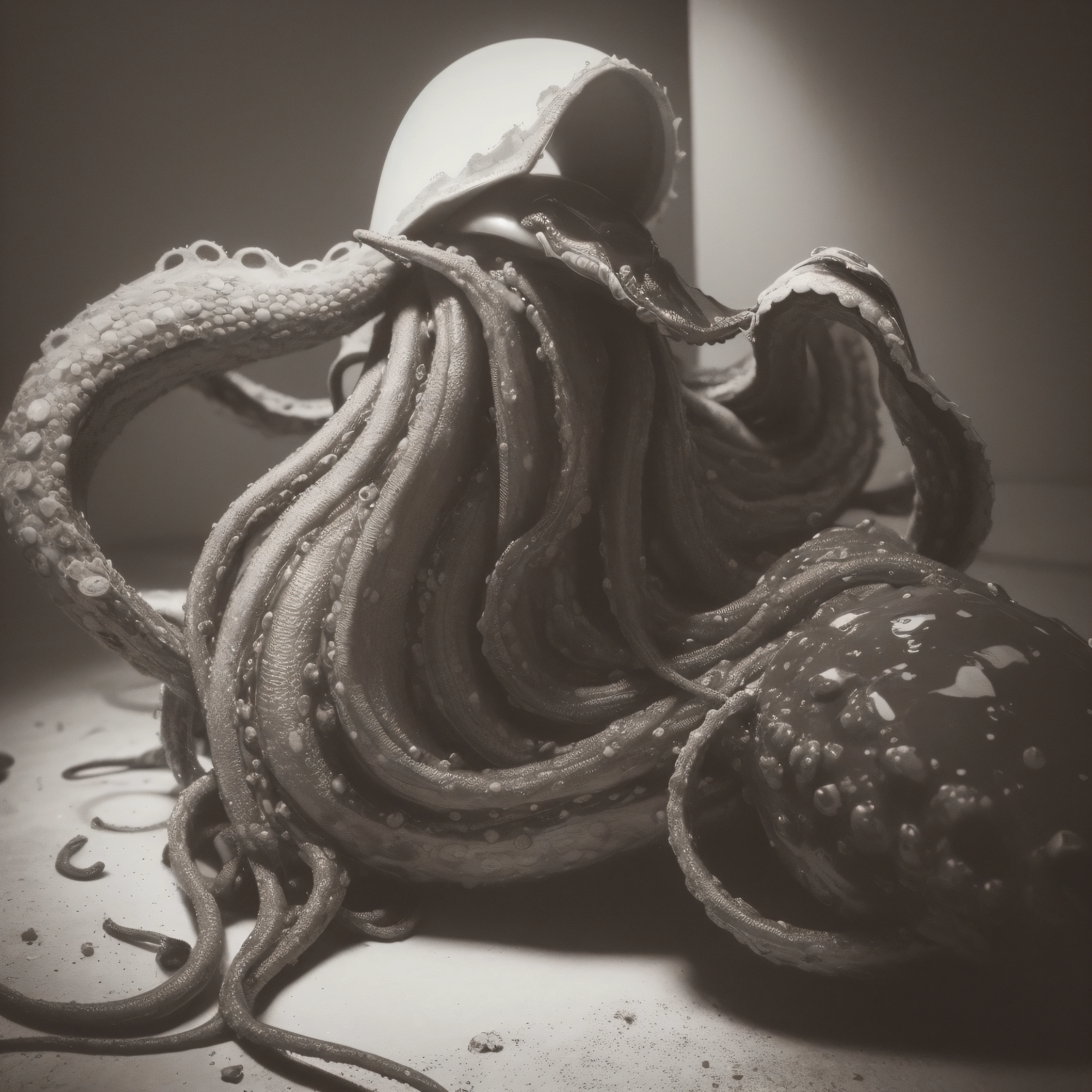 (extremadamente detallado, obra maestra, La mejor calidad), Estilo oscuro, intense illumination, rostro con arrugas, lengua larga, tentacle, deforme, monstruoso, interior de una piscina de agua verdosa, imagen submarina, alien con Colmillos finos, pico de pulpo amenazante. manchas de tinta. Rococo composition. Luz de caravaggio
