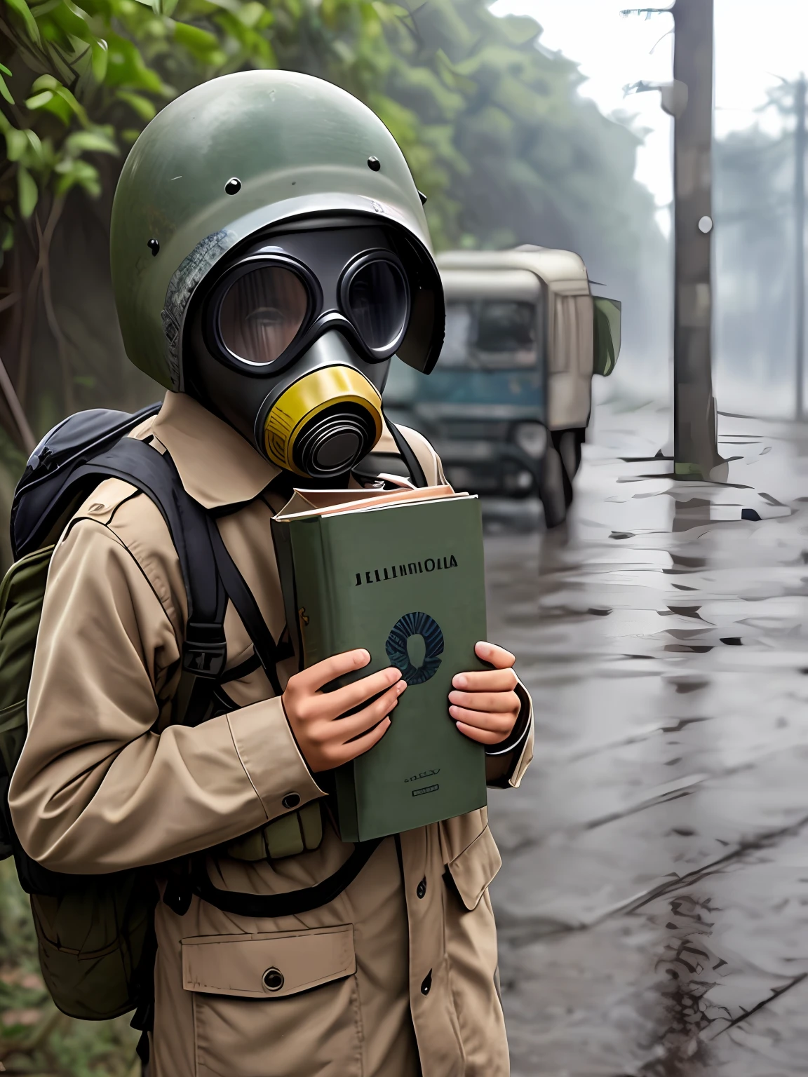 menino, de joelhos, com um livro, na guerra, with gas mask, desenho , with head down, blast, chuva,