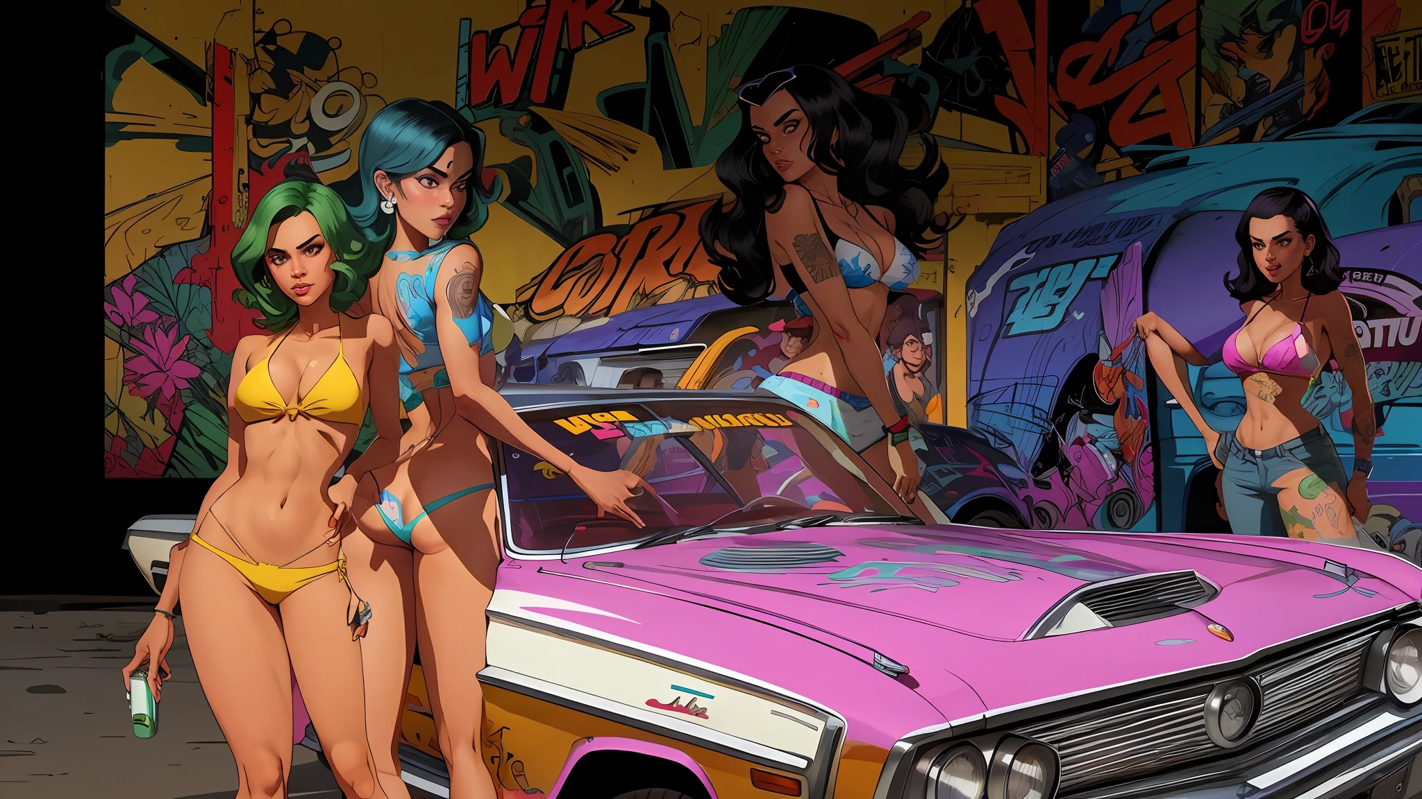 cartoon of a woman in bikinis standing next to a car, art gta 5 comics, gta art, style of gta v artworks, gta art style, gta vice city style art, gta vice city art style, gta loading screen art, gta artstyle, art gta 5 cover, 4k art, background artwork, gta v art, 2d art gta5 cover