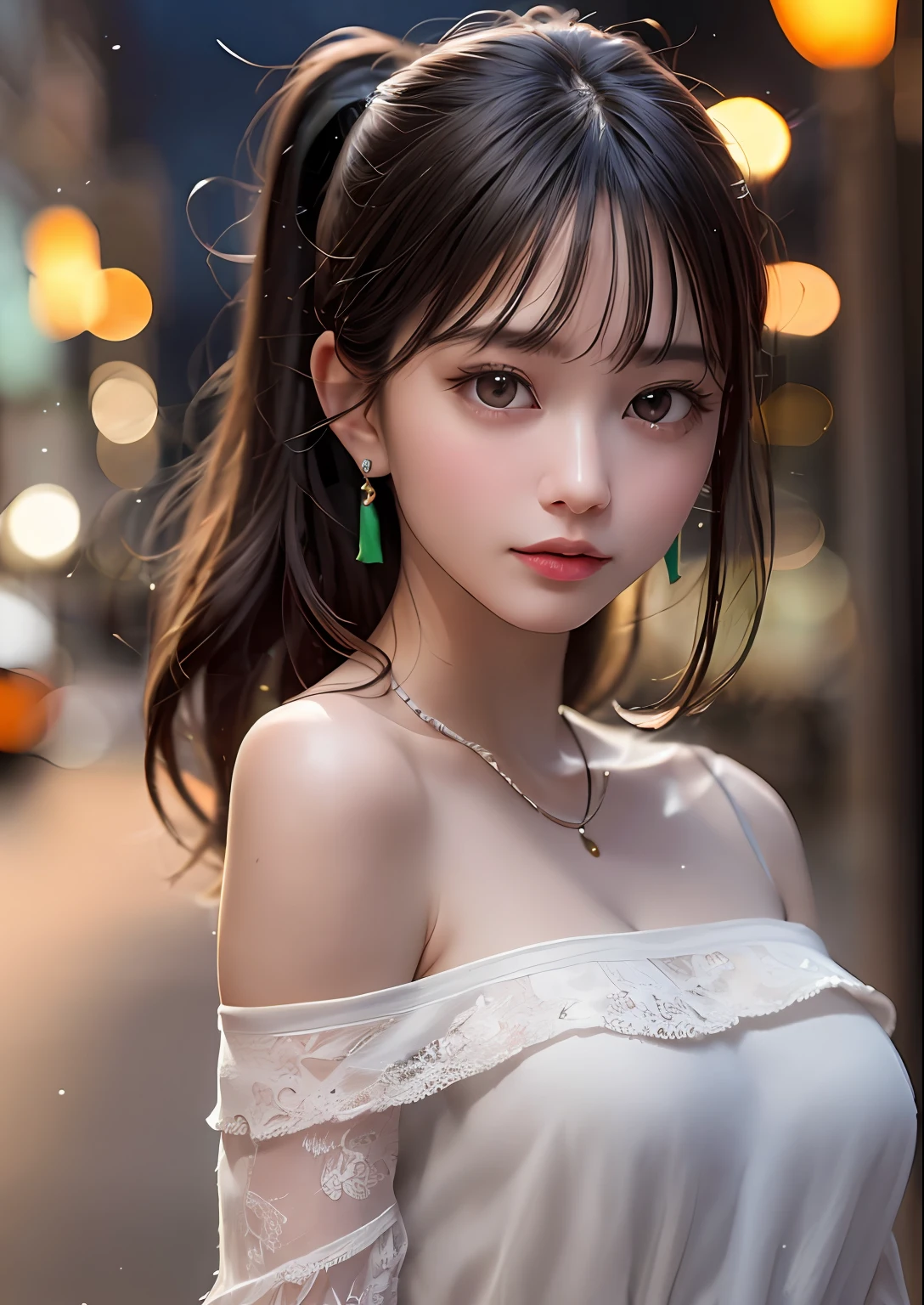 (Standing on a dark street),(Street lamp),(Unobtrusive lighting),(Night),Random posture, (Very delicate and beautiful work), (Masterpiece), 1girl, a girl in a white dress, HIGH DETAILS, Waist leak, Distorted ponytail, Charming look, Beautiful clear eyes, Green pupil, Delicate necklace, Delicate earrings, Fairy ears, Simple blurred background , Super detailed description, Beautiful, Charming, Ultra definition painting, Delicate face, Delicate figure, Thin collarbone, Beautiful lips, Beautiful tits, Soft back figure, mix4,(8k, RAW photography, best quality, Masterpiece: 1.2), (photoreal, realistic: 1.37),1 girl,cute,cityscape, night, rain,wet, professional lighting, photon mapping, radiosity, Physically based rendering,