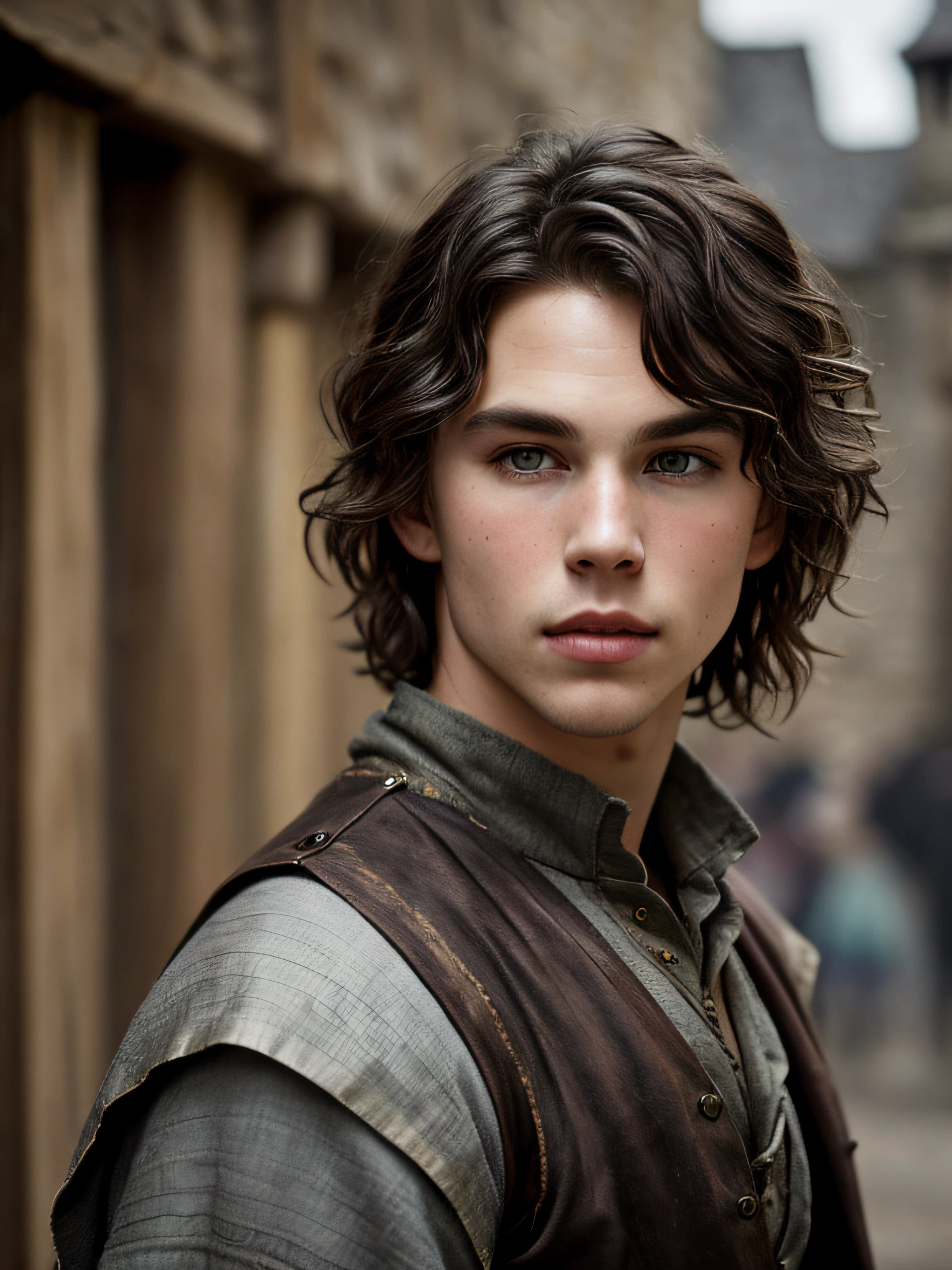 A (portrait photography: 1.2) close up portrait of a mix between Austin Butler and Ian Somerhalder as a roguish 15 years old medieval fantasy boy, pale skin, shoulder-length wavy shabby black hair parted in the middle, incredible grey eyes, long arched eyebrows, medieval fantasy clothes, intense look, fascinating, slim and athletic, in a big medieval fantasy city, overcast, cinematic lighting, Canon EOS 5D Mark IV