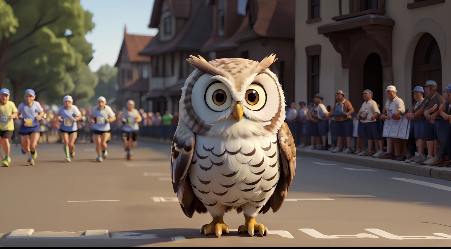 "old owl at the start of a marathon" ((Best quality)), ((masterpiece)), (detailed: 1.4), 3D.