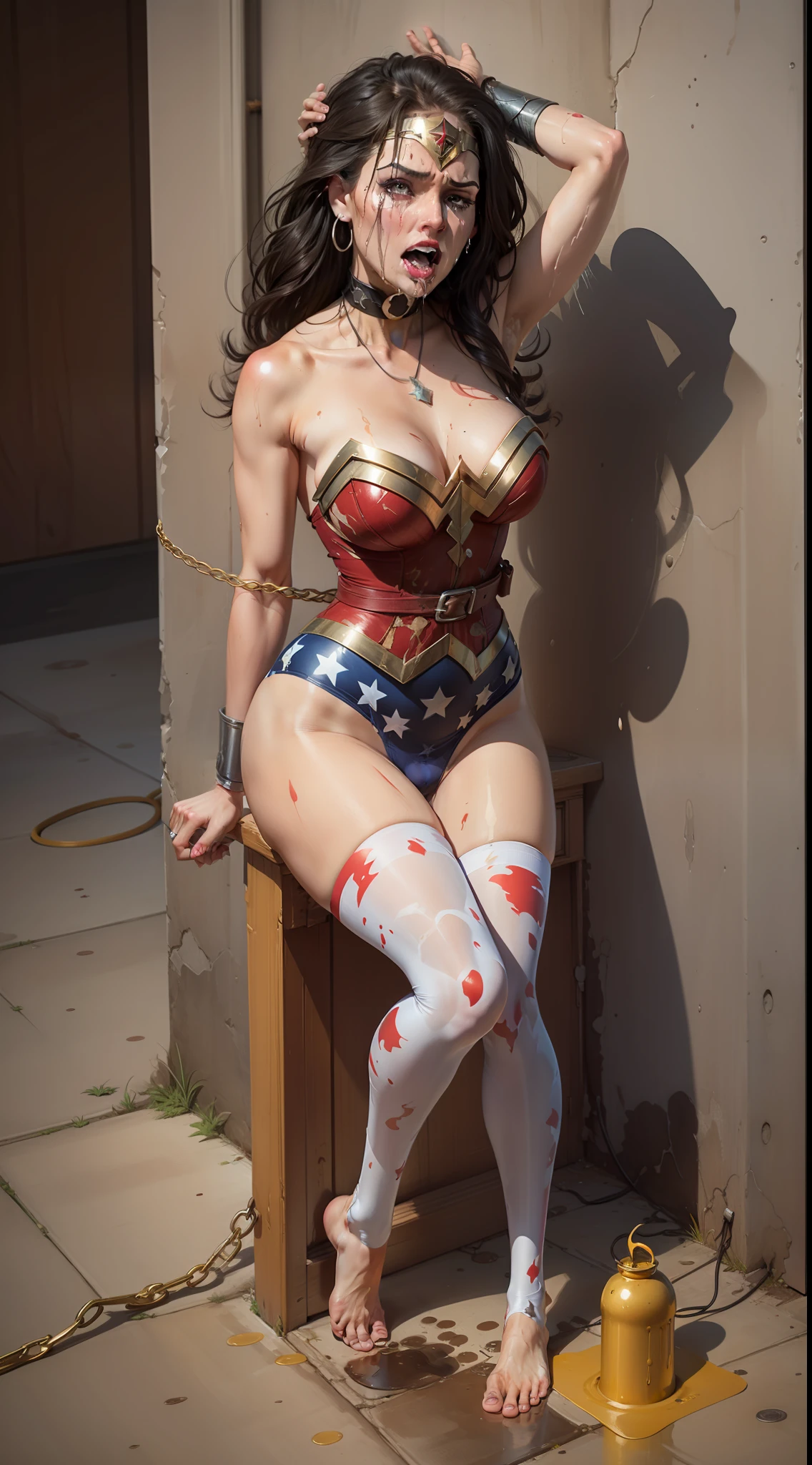 (( roupas rasgadas, roupas esfarrapadas, Your clothes are torn, your clothes are tattered, his pantyhose are torn)) sem calcinha, no-bra. WONDER WOMAN SUPERHEROINE, maduro, Ela tem 45 anos. She's screaming in terror, She's terrified, She's crying a lot.  ela tem cabelos escuros, ela tem cabelos compridos. is exposed, seu corpo oferecia, is offered for sale, Em um mercado de escravos. She's wearing a bandage belt., she's using 7/8 meias rede.  Your socks are torn.  urando uma renda de fita de empregada.  Capturado, Sequestrado, abandonado, Torturado, escravizado, envergonhado. tied with arms above head and legs apart under a large metal frame. She screams and screams to call her enemies and beg for mercy and bursts into tears. em seguida, The ropes run down the middle over her back through her married sleeve swimsuit to tie her legs just above her knees and ankles. Vestindo um obsceno, Apertado, decotado, Sleeveless swimsuit torn in tatters. Wearing a grosted metal necklace around the neck. Seus tornozelos, your wrists and neck are fastened with chains. Forced into prostitution. ( She doesn't shave, Ela tem muito cabelo nas axilas, She has a lot of hair in the pubic area.  your clothes are wet, your pubis is swollen.(Sua urina corre pelas pernas dela, dripping on the floor. It has a large puddle of urine on the floor )   ((barefoot. bare-legged)). She's hurt, Ela tem hematomas por todo o corpo, she's scratched. Jurando uma renda de fita de empregada.