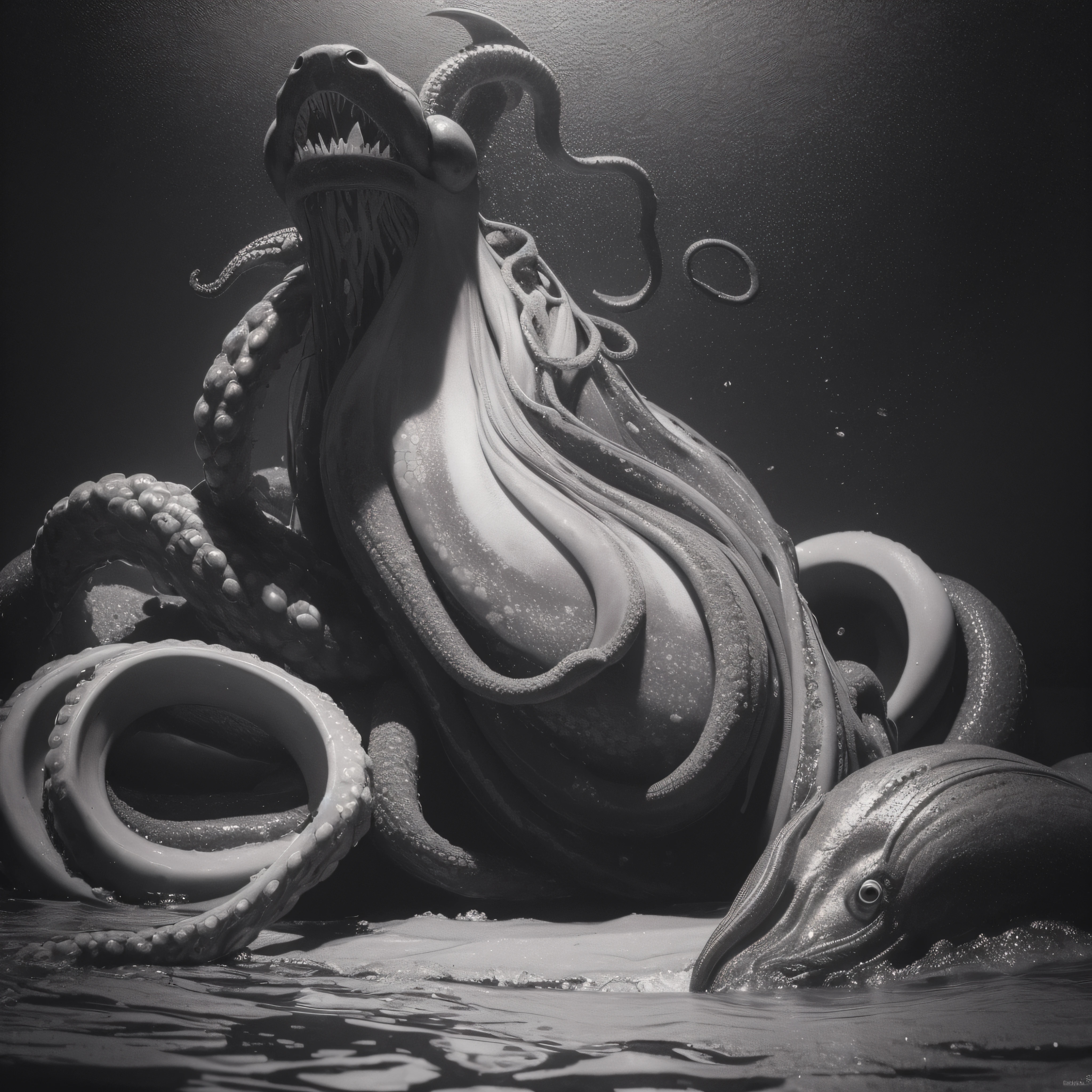 (extremadamente detallado, obra maestra, La mejor calidad), Estilo oscuro, intense illumination, rostro con arrugas, lengua larga, tentacle, deforme, monstruoso, interior de una piscina de agua verdosa, imagen submarina, alien con Colmillos finos, pico de pulpo amenazante. manchas de tinta. Rococo composition. Luz de caravaggio