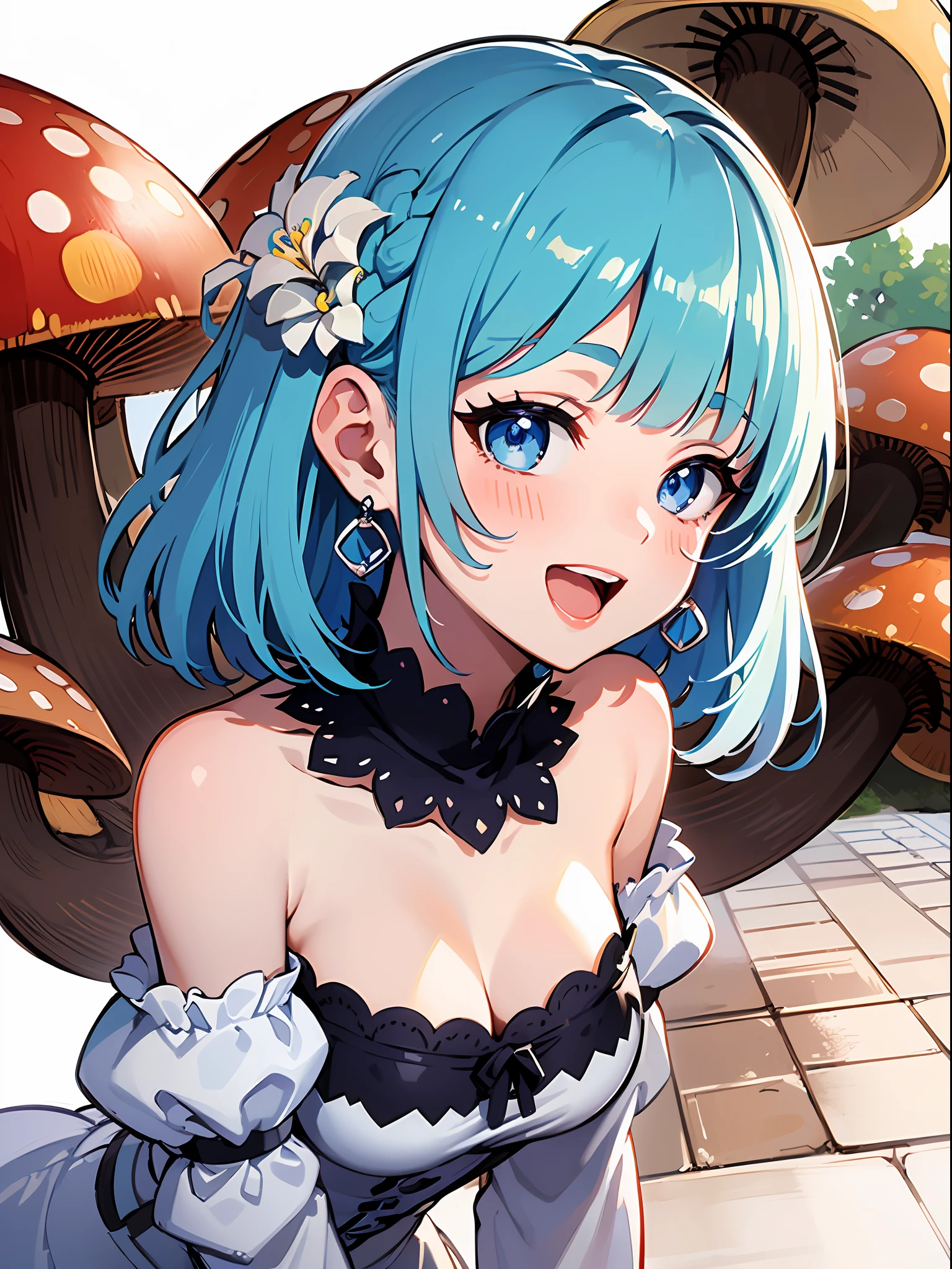 (masterpiece:1.3), (best quality:1.3), high resolution,
overlook view, couboy shot,
leaning forward, body facing forward, licking a big mushroom,
(one cute girl:1.3), solo,
white skin, small Breast, eight-headed person,
light blue hair, (bobbed hair:1.2), (short hair:1.1), (blunt bangs:1.2), beautiful hair, blue eyes, beautiful detailed eyes,
blush, open mouth, cheerful smile,
short dress, frill, white and blue clothes, detached sleeves, earrings,
(white background:1.2),
shadowlighting,