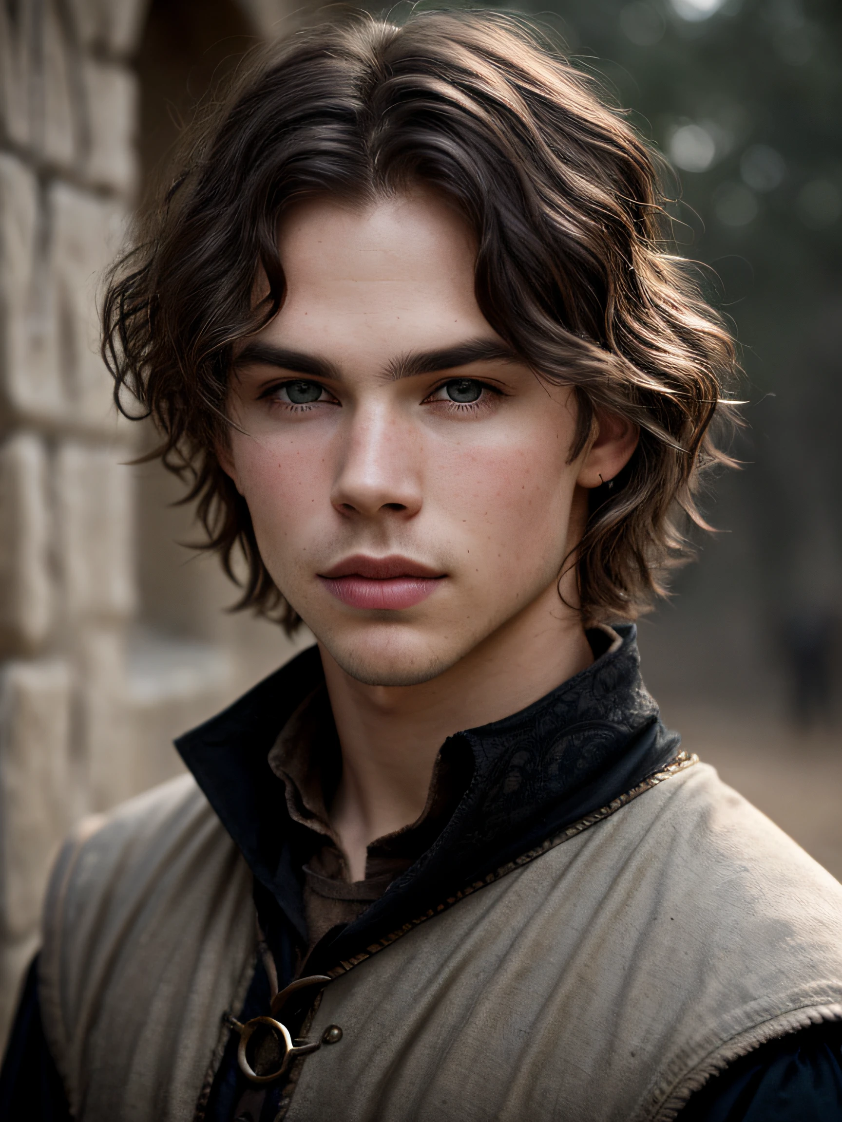 A (portrait photography: 1.2) close up portrait of a mix between Austin Butler and Ian Somerhalder as a roguish 15 years old medieval fantasy boy, pale skin, shoulder-length wavy shabby black hair parted in the middle, incredible grey eyes, long arched eyebrows, medieval fantasy clothes, intense look, fascinating, slim and athletic, in a big medieval fantasy city, overcast, cinematic lighting, Canon EOS 5D Mark IV