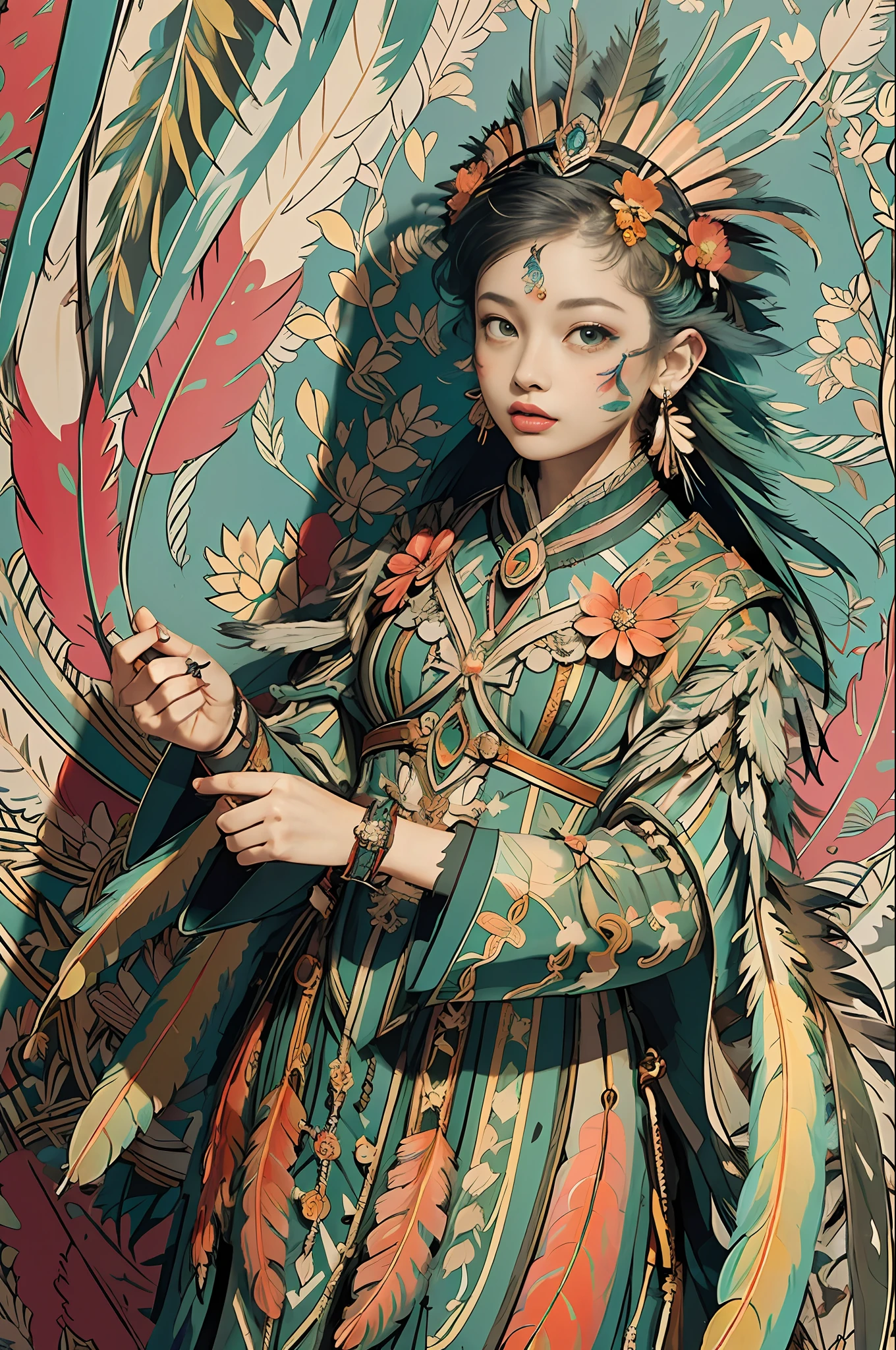 (masterpiece, top quality, best quality, official art, beautiful and aesthetic:1.2), (1girl:1.3), extremely detailed,(fractal art:1.1),(colorful:1.1)(flowers:1.3),highest detailed,(zentangle:1.2), full body, (abstract background:1.3), (shiny skin), (many colors:1.4), ,(earrings), (feathers:1.5),