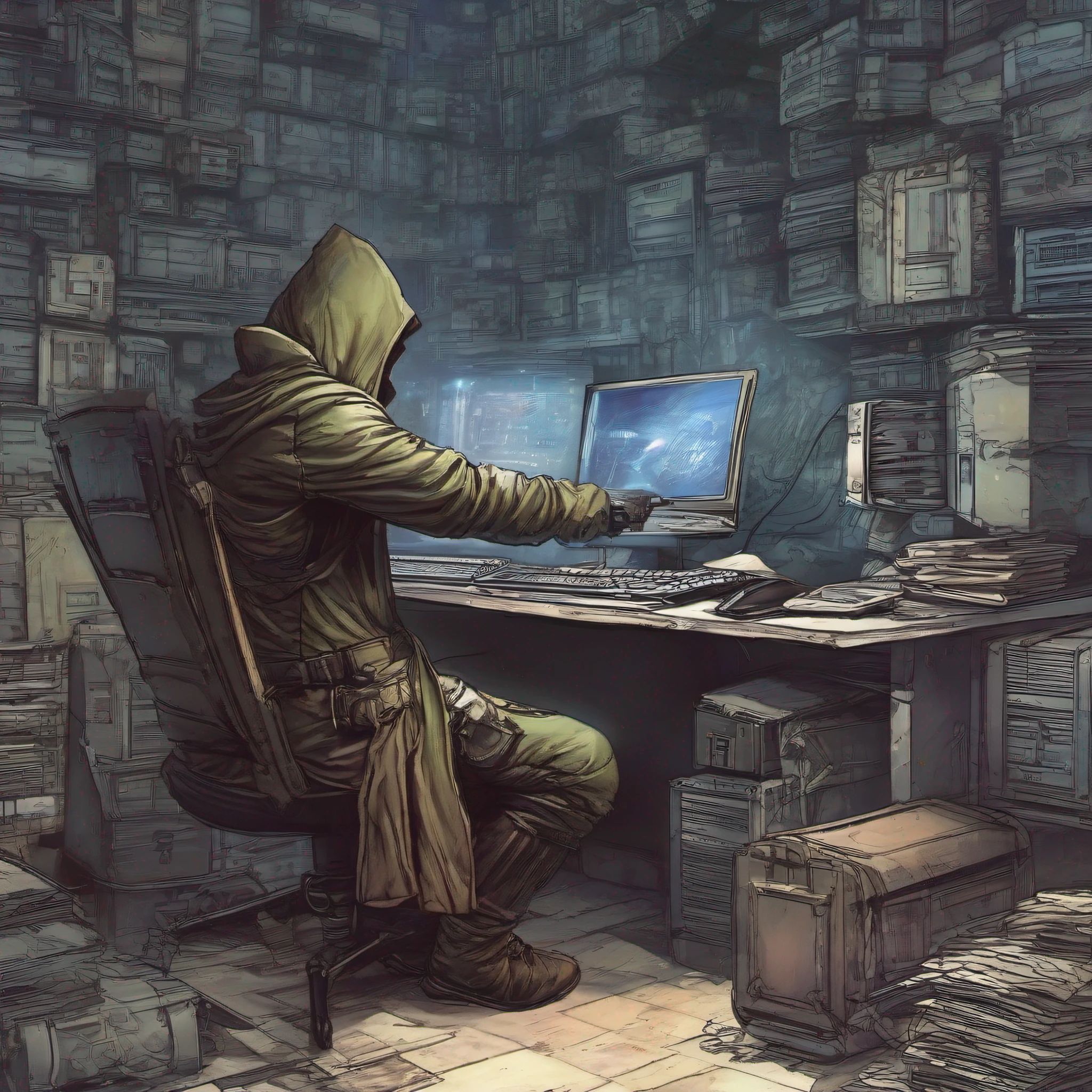 hacker anônimous, de frente a um computador