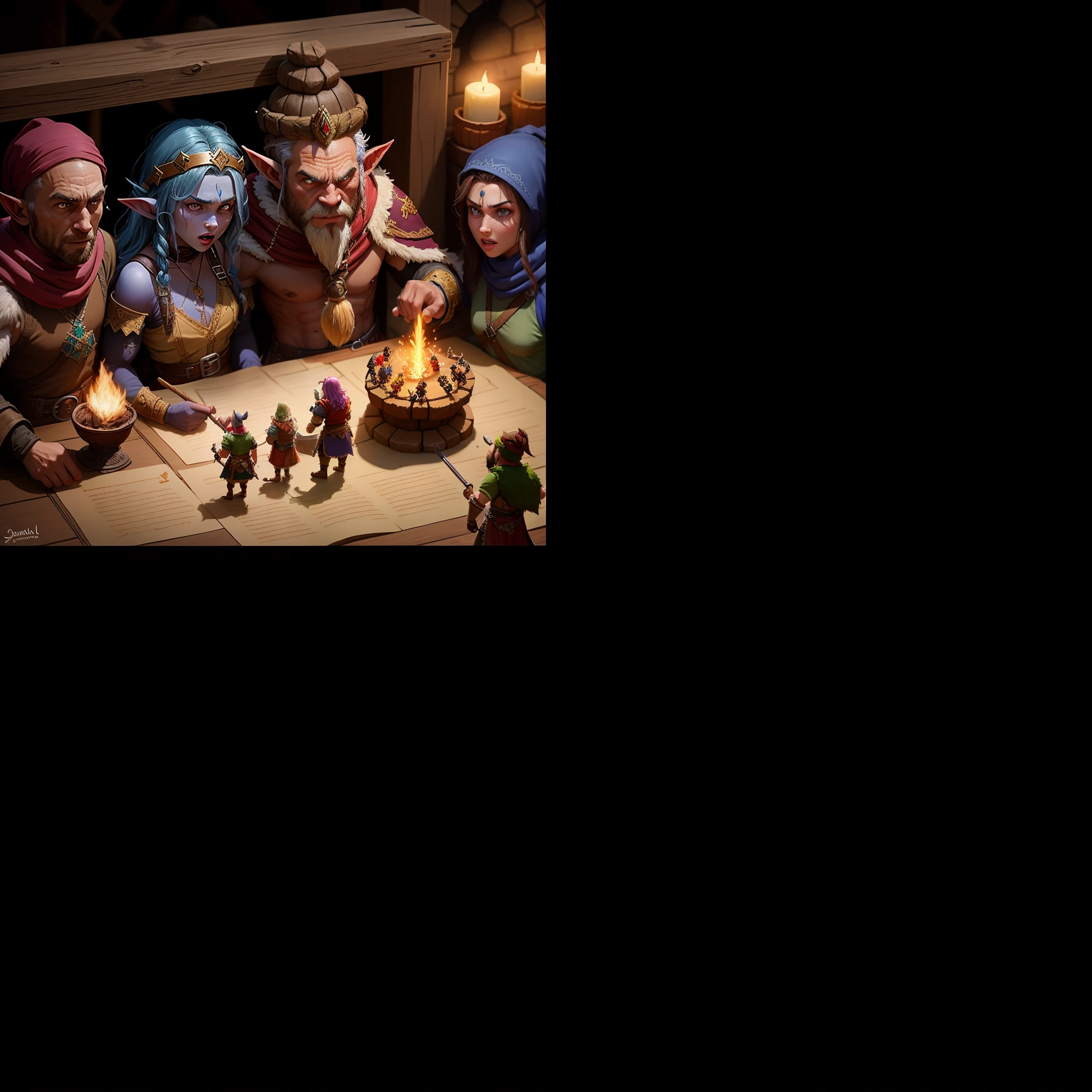 Group of adventurers, one of them being a dwarf, other an elf, and the other two humans, fight against an ogre with a big axe and dead horse besides them