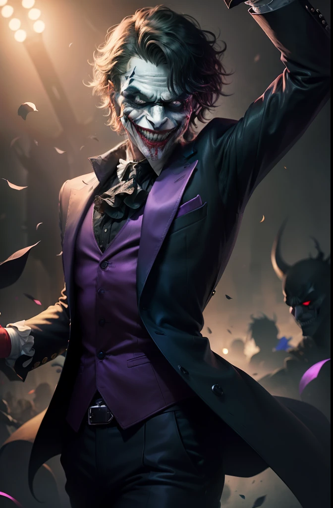 official art, unity 8k wallpaper, ultra detailed, beautiful and aesthetic, masterpiece, best quality, photorealistic, dark theme joker, purle suit, crazy smile, creepy dancer