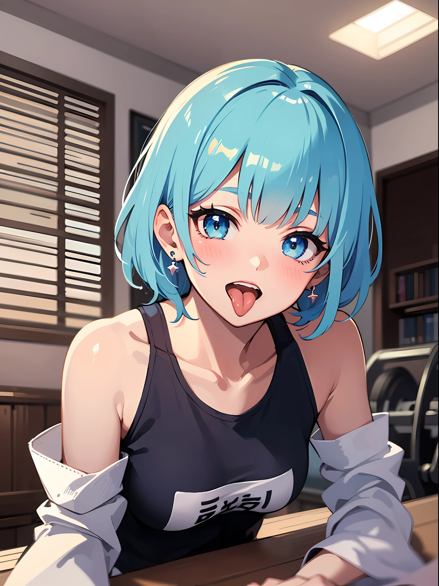 (masterpiece:1.3), (best quality:1.3), high resolution,
overlook view, couboy shot,
leaning forward, body facing forward,
(one cute girl:1.3), solo,
white skin, small Breast, eight-headed person,
light blue hair, (bobbed hair:1.2), (short hair:1.1), (blunt bangs:1.2), beautiful hair, blue eyes, beautiful detailed eyes,
(tongue out:1.3), blush, open mouth, cheerful smile,
Training Outfits, detached sleeves, earrings,
indoors, gym,
shadowlighting,