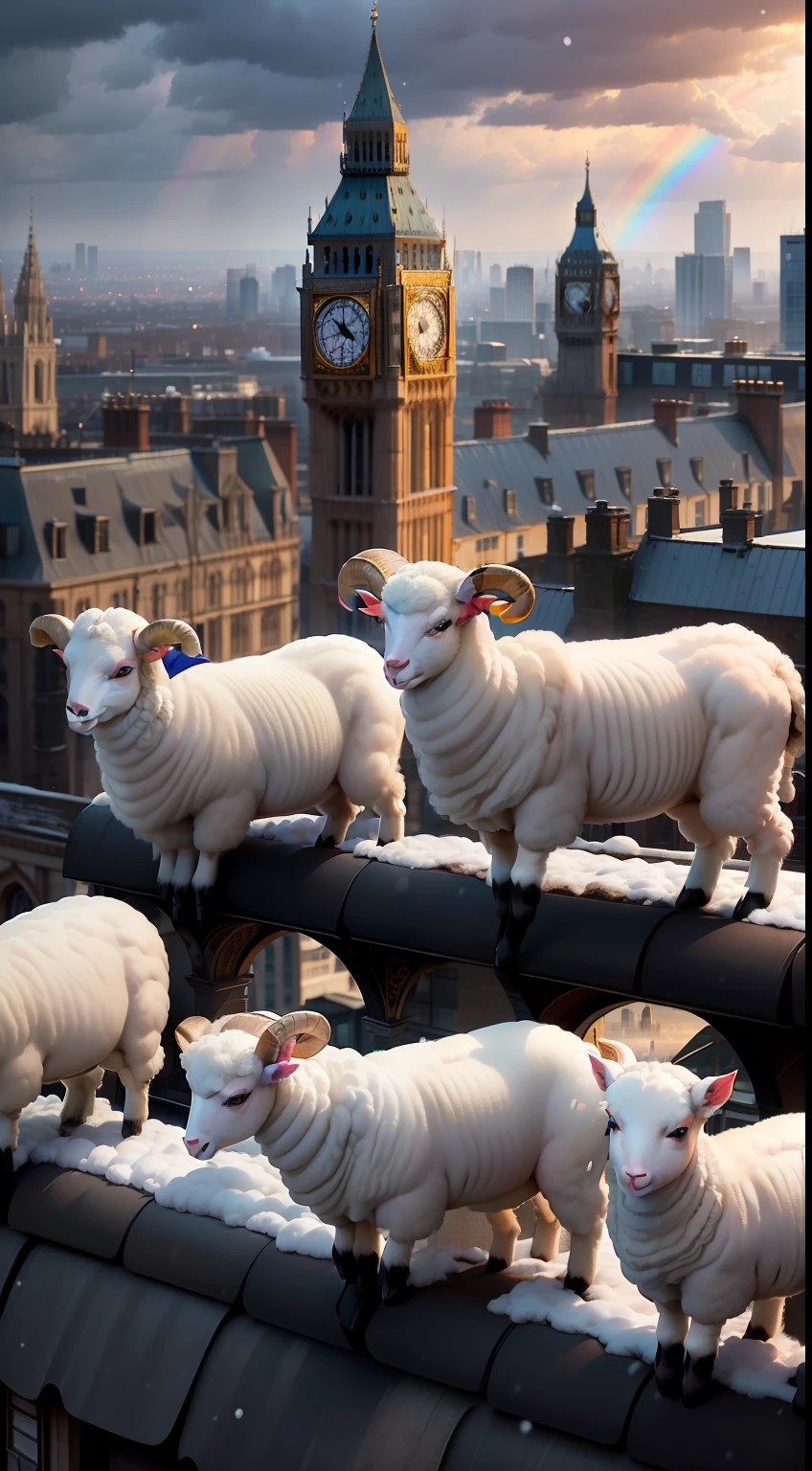 A large herd of lambs standing on top of a tall building in the middle of London city looking around curiously, (((wide shot))), sunset in background, skyscrapers, Big Ben, London bridge, (((London skyline))), buildings, city skyline, vibrant sky, (((subject: large herd of lambs standing on roof top of tall building))), cinematic, hyper realistic photo, 8k render, curious animals, overcast, (((herd of lambs))), rainbow in sky, snowfall, candid photo, English, city life, top view shot