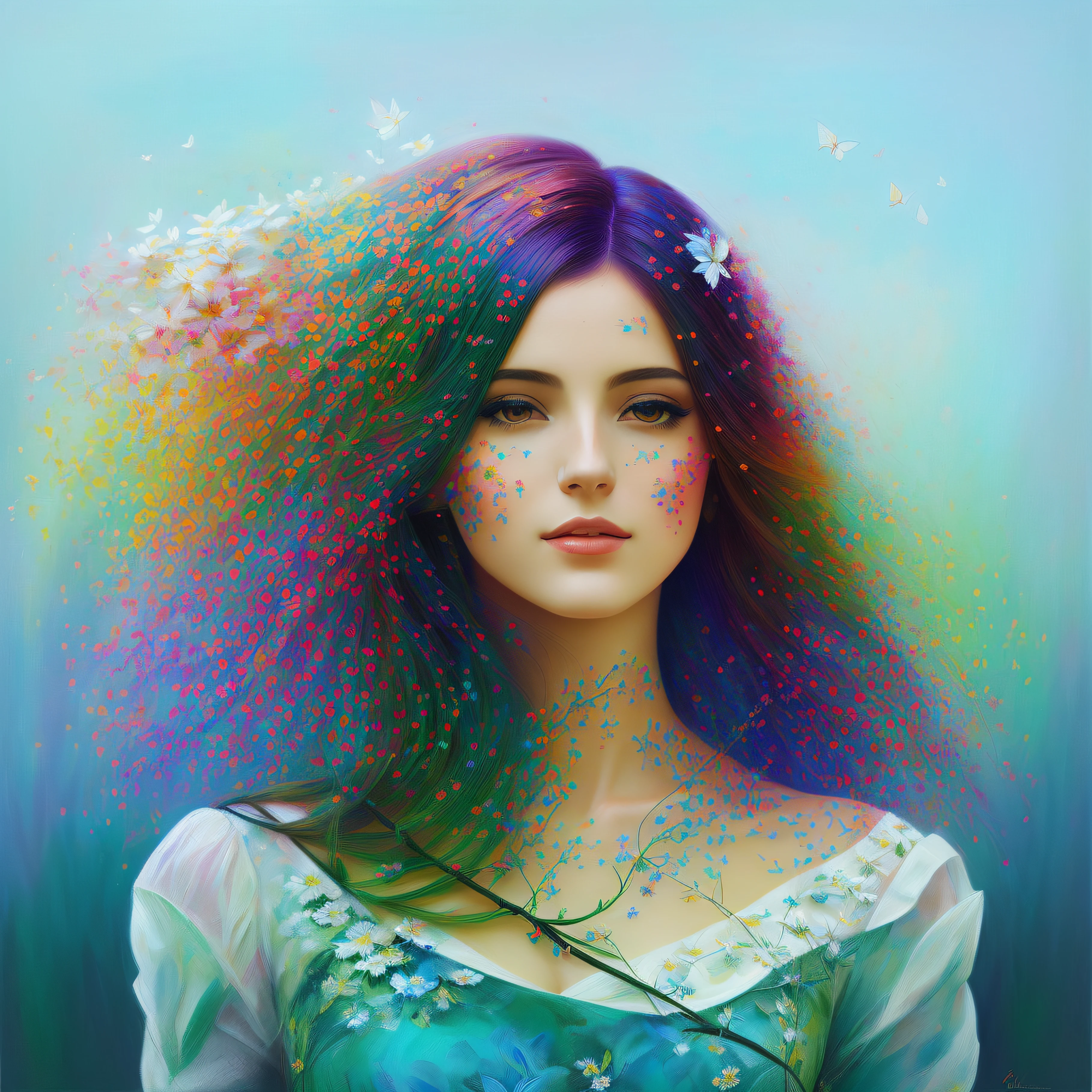 painting of a woman with long hair AND FLOWERS ON HAIR and a white dress, beautiful gorgeous digital art, gorgeous digital art, art of alessandro pautasso, , in style of anna dittmann, digital painting style, in style of digital illustration, exquisite digital illustration, colorful digital painting, FLOWERS, COLORFUL FLOWERS, PETALS ON CHEECK, BUTTERFLIES, BIRDS, SPRING, BRANCHES, LEAVES, FLOWER BRANCH, DOLORFUL FLOWERS, BIRDS, SPRING FLOWERS