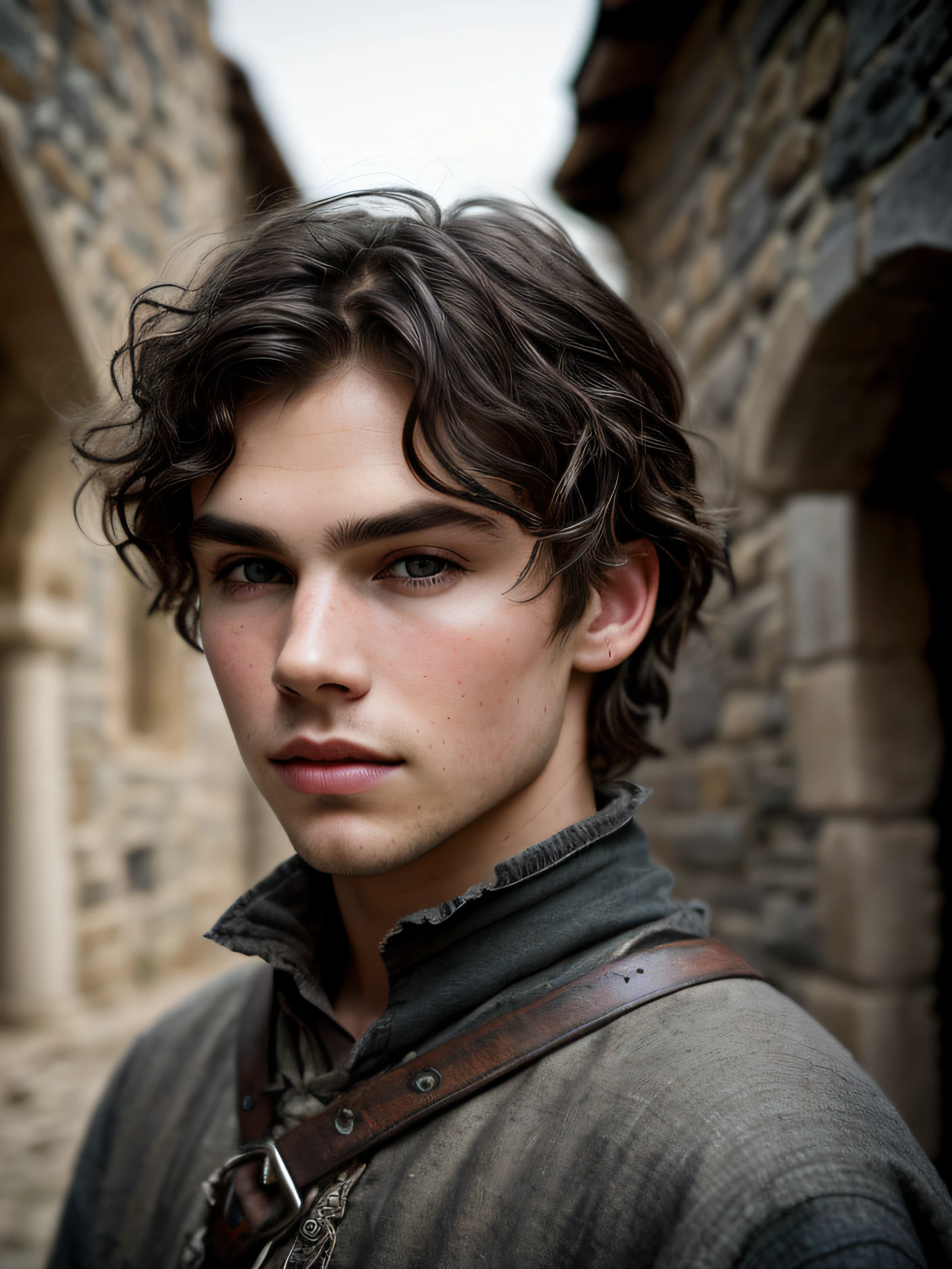 A (portrait photography: 1.2) close up portrait of a mix between Austin Butler and Ian Somerhalder as a roguish 8 years old medieval fantasy child, very young, pale skin, messy shabby black hair, incredible grey eyes, long arched eyebrows, medieval fantasy clothes, intense look, fascinating, slim and athletic, in a big medieval fantasy city, overcast, cinematic lighting, Canon EOS 5D Mark IV