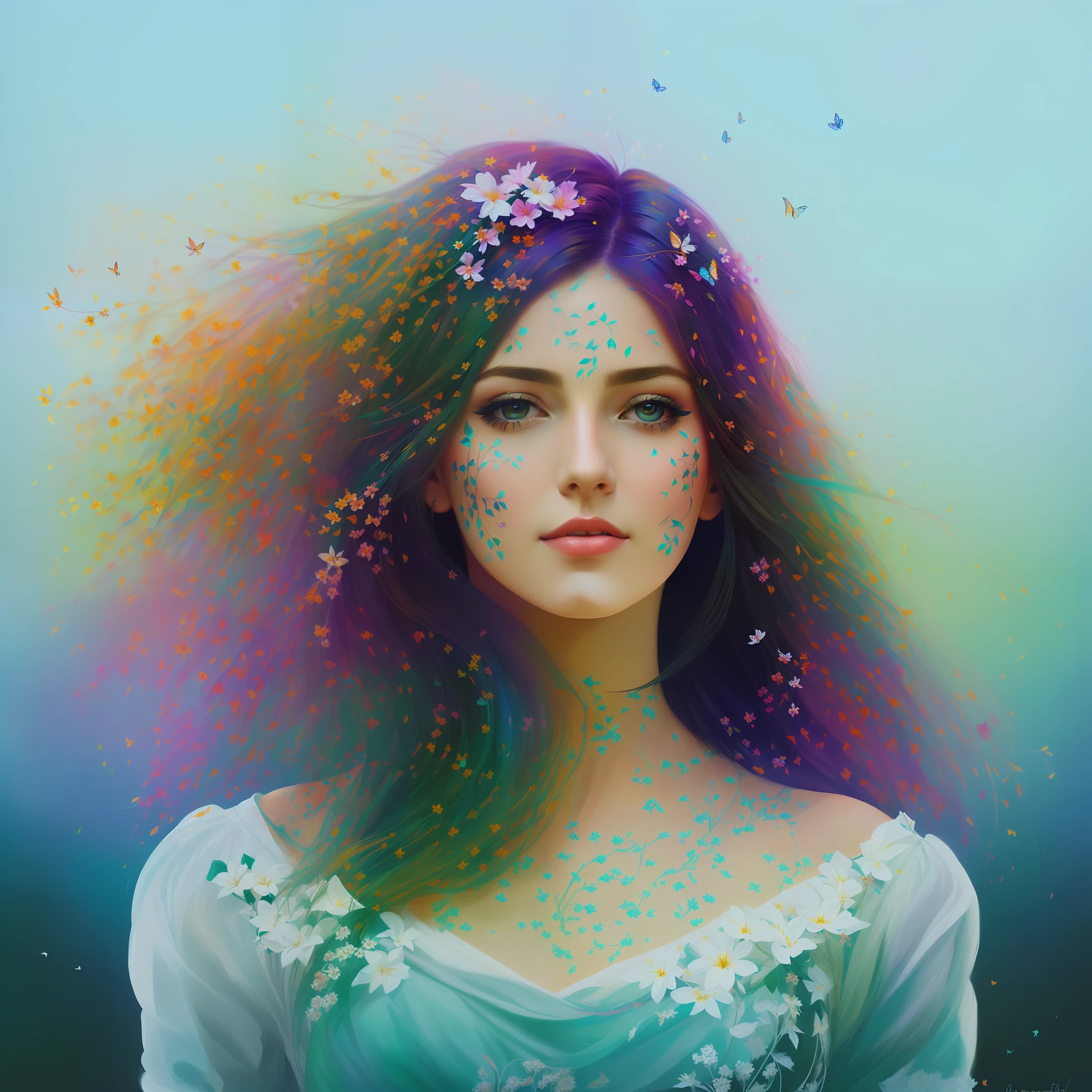 painting of a woman with long hair AND FLOWERS ON HAIR and a white dress, beautiful gorgeous digital art, gorgeous digital art, art of alessandro pautasso, , in style of anna dittmann, digital painting style, in style of digital illustration, exquisite digital illustration, colorful digital painting, FLOWERS, COLORFUL FLOWERS, PETALS ON CHEECK, BUTTERFLIES, BIRDS, SPRING, BRANCHES, LEAVES, FLOWER BRANCH, DOLORFUL FLOWERS, BIRDS, SPRING FLOWERS