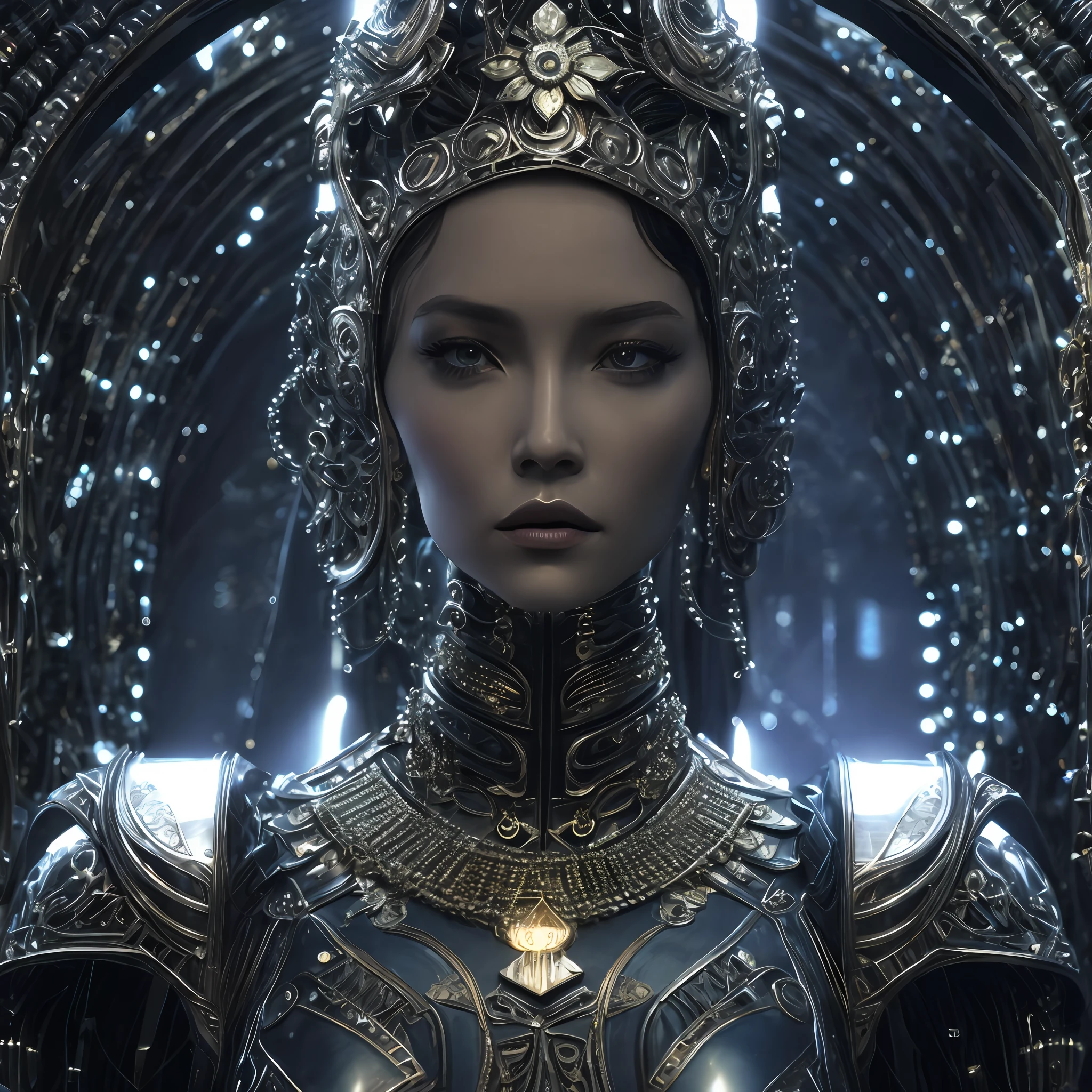 photore，sportrait，Complex 3D rendering of beautiful and charming biomechanical female robot，Has a porcelain finish、simulating、Beautiful natural light、rim-light、150mm lens、an aztec warrior、feater、nipple piercing、Aztec tattoo、flor branca、Vanilla leaves and stems、Meandering roots、white blossoms、Fine-leaved lace、steampunc、Silver-gold filigree detailing、alexander mcqueen haute couture、Pearl earrings、Art Nouveau embroidery、Hexagonal network cable、Mandelbro fractal、face muscles、cable wires、micro Chip、ellegance、Beautiful natural light，Studio lights，rim-light，The is very detailed，ultra-realistic realism，Sharp，rendering by octane,HR Giger style，Volumetriclighting，8 k post production，God floating on fire[The discovery of the wormhole causes the cursed prince of the New World to have to marry the Void]，[sci-fy：fanciful：0.6J movie lighting，detailedbackground，at centre，Michael Bay style，insane detailed，k hd，concept-art，number art，with dynamism，（The most beautiful art in the world：1.2），(Void 3 energy：1.3)