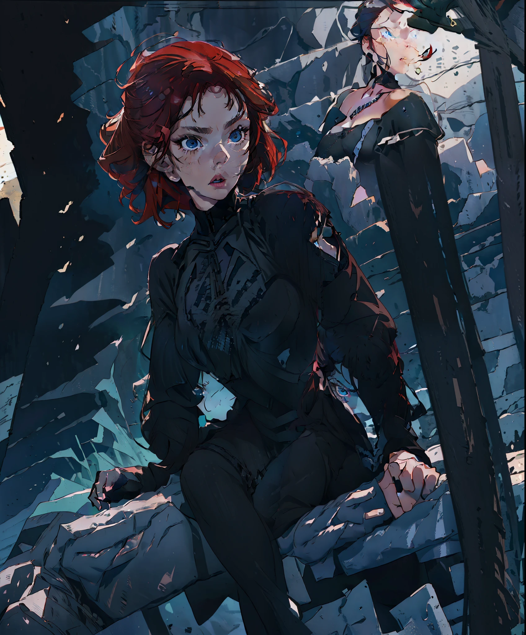 (scarlett:1.2), Scarlett Johansson, (black body suit:1.5), black widow, hair in messy bun, (short hair, red hair, blue eyes:1), ((blue eyes)), (dress:1), red hair, (realistic:1.2), (masterpiece:1.2), (full-body-shot:1),(Cowboy-shot:1.2), gothic background, light particles, neon lighting, dark romantic lighting, (highly detailed:1.2),(detailed face:1.2), (gradients), colorful, detailed eyes, (detailed landscape:1.2), (natural lighting:1.2),(detailed background),detailed landscape, (cute pose:1.2), close shot, solo,