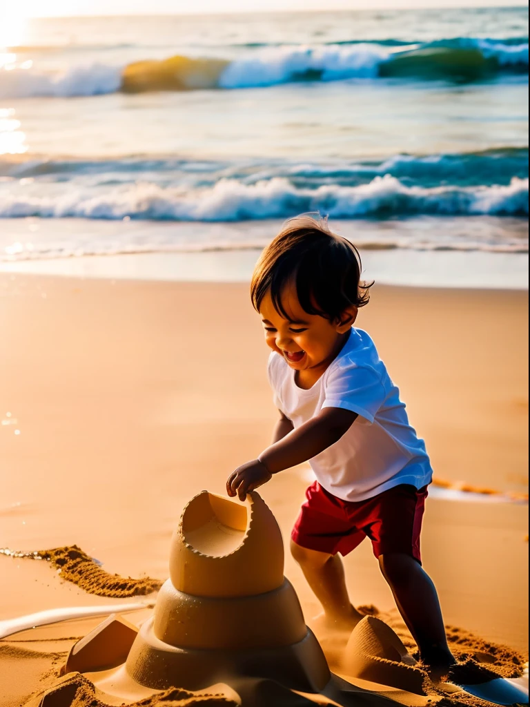 A child playing on a sunny happy beach, their laughter as they build a simple sandcastle, emulate Nikon D6 high shutter speed action shot, soft golden lighting.