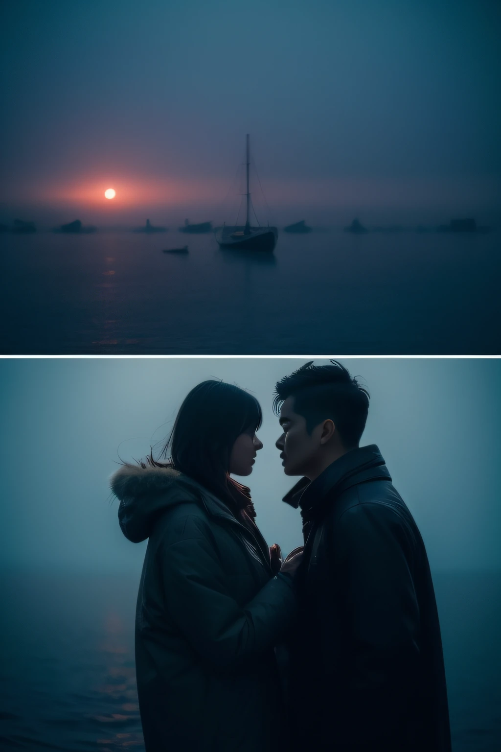 （Masterpiece、top-quality、Top image quality）、(Night fog, thank you again tonight),(Japan  Woman、of young good looks、Melancholy、Adoration、Love between a man and a woman),Standard jazz scene、harbour、foghorn、Put on a coat、Night fog、Moody adult movie style、（It's a night fog that meets love　Do you know the relationship between the two、Keep it hidden until the day you meet　Night fog night fog、We say softly.　Night fog, thank you again tonight)、