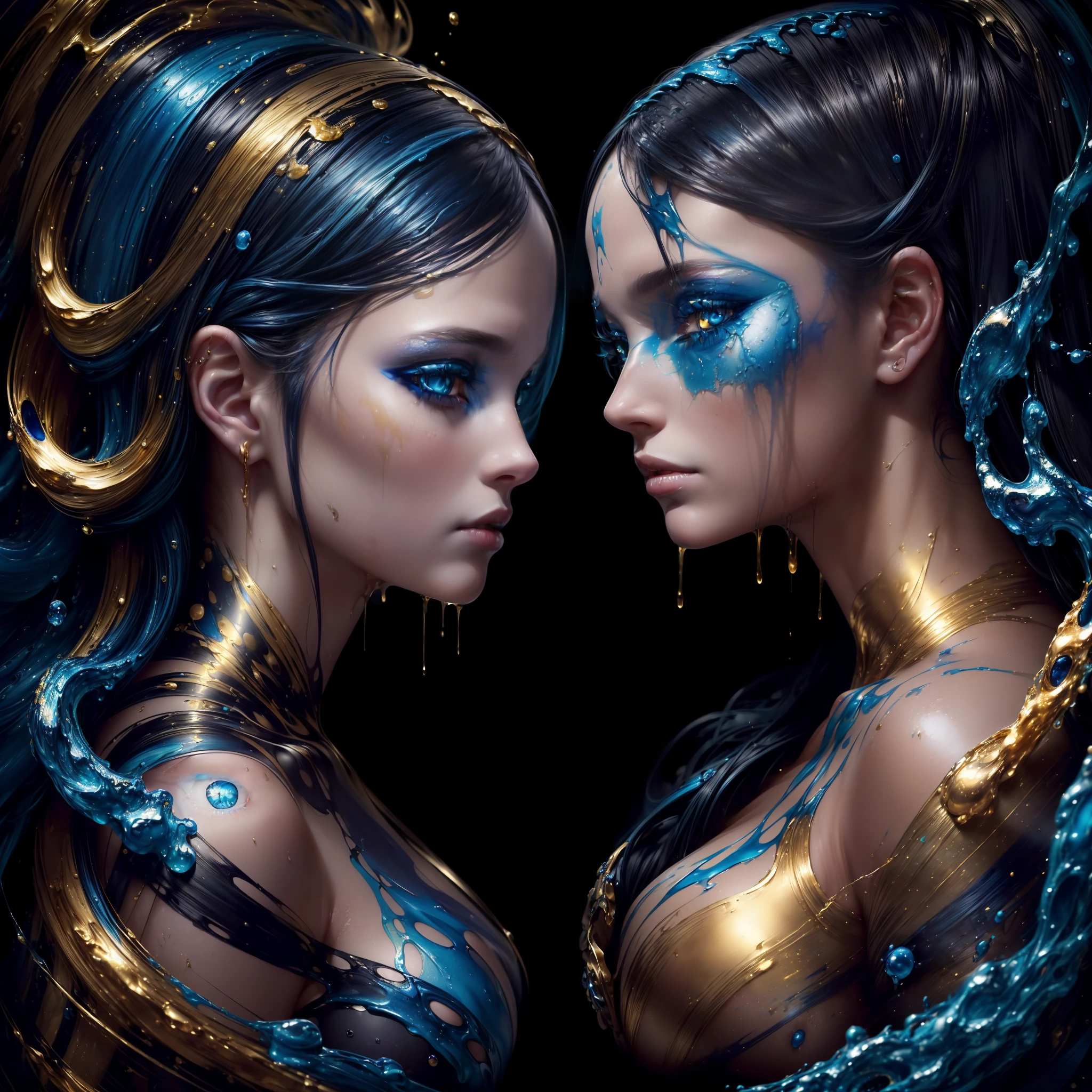 (one woman has blue eys, golden hair and is covered in golden liquid paint), (another woman has golden eyes, black hair and is covered in blue liquid paint), (masterpiece, 8k, extreme detail, level detail, layer detail, layers, liquid detail), vibrant colours, (detailed: 1.5), two women portraits mixing in abstract liquid paint, background to match foreground