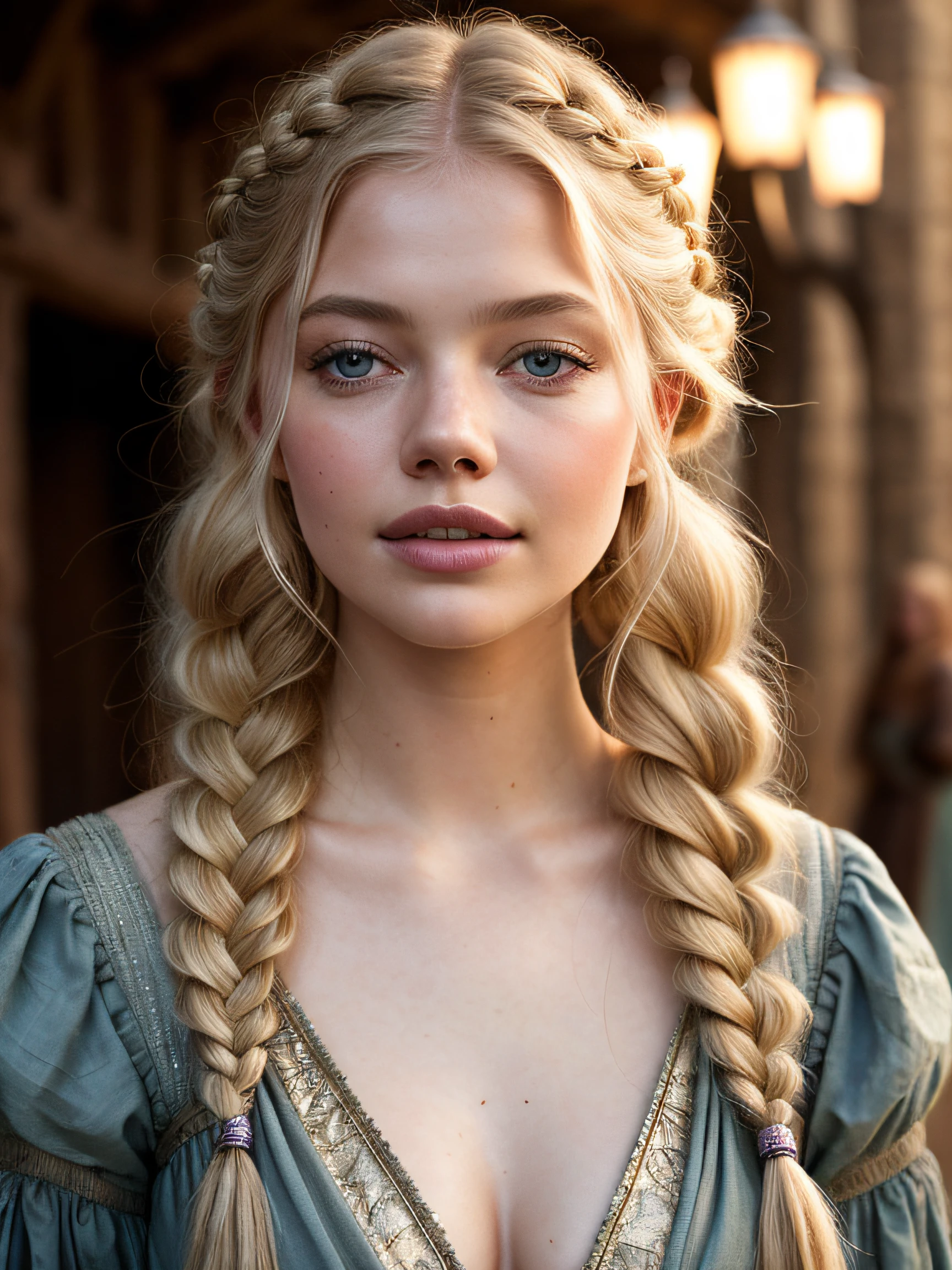 A (portrait photography: 1.2) close up portrait of a mix between Samara Weaving and Haley Bennett as a gorgeous 26 years old medieval fantasy woman, adult, pale blonde hair, big single long braid, fantasy medieval fantasy prostitute nice clothes, intellingent look, enticing smile, in a big medieval fantasy city, overcast, cinematic lighting, Canon EOS 5D Mark IV