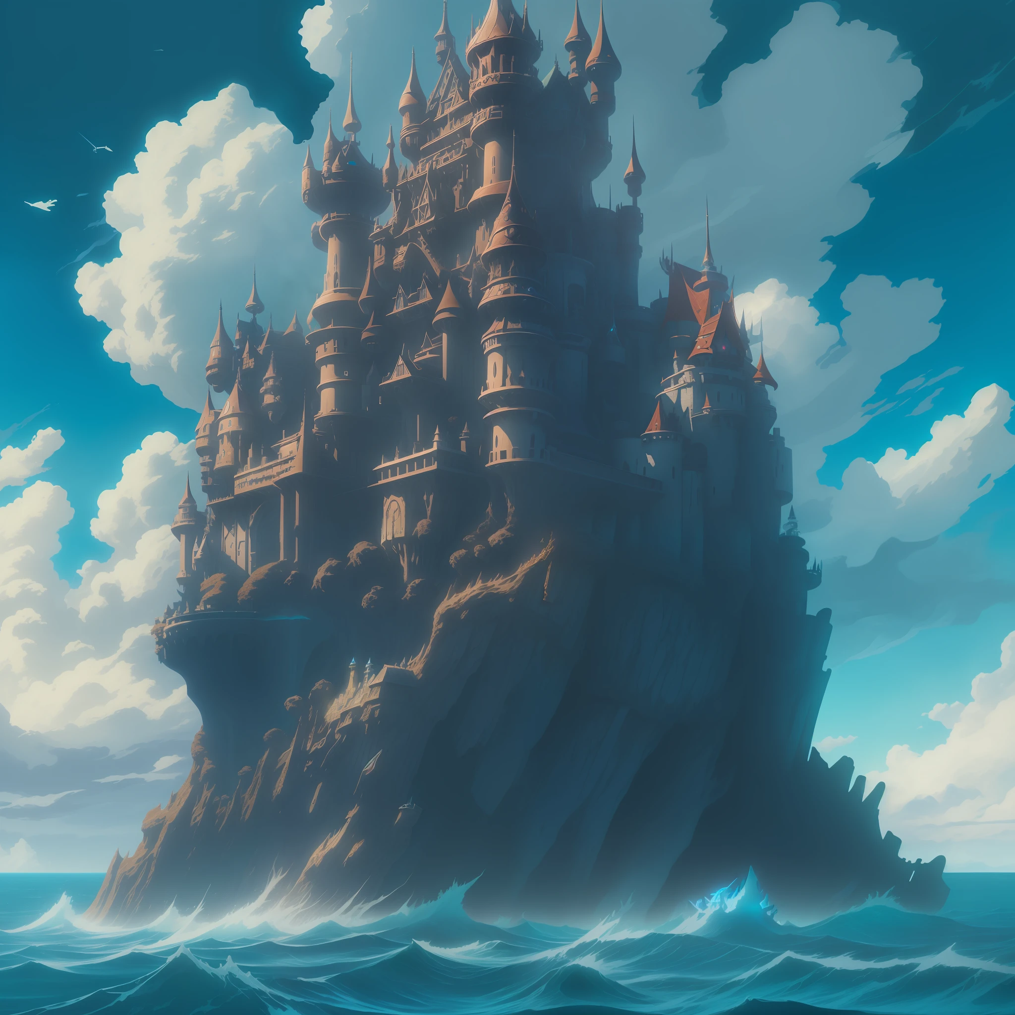 Large cobalt castle emerging from a turbulent ocean Exquisite structure Intense lighting Majestic arrangement Broad perspective Up close, Eyeshot, dirigido por Miyazaki, Nausicaa Studio Ghibli, estética Breath of The Wild