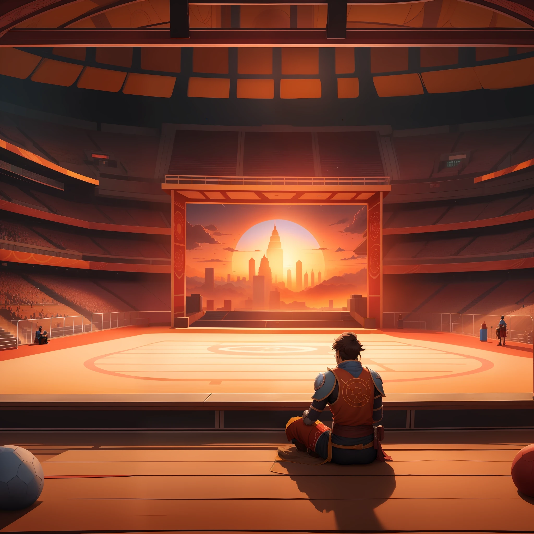 Anime scene of a man sitting on a stage watching a sunset, fundo da arena, no meio de uma arena, em uma arena, standing in an arena, arte de fundo, coliseum backdrop, fundo do coliseu, Atey Ghailan 8 K, arte de fundo do anime, paper awesome wallpaper, 4 k manga wallpaper, legend of korra setting, 4K HD papel de parede ilustrativo