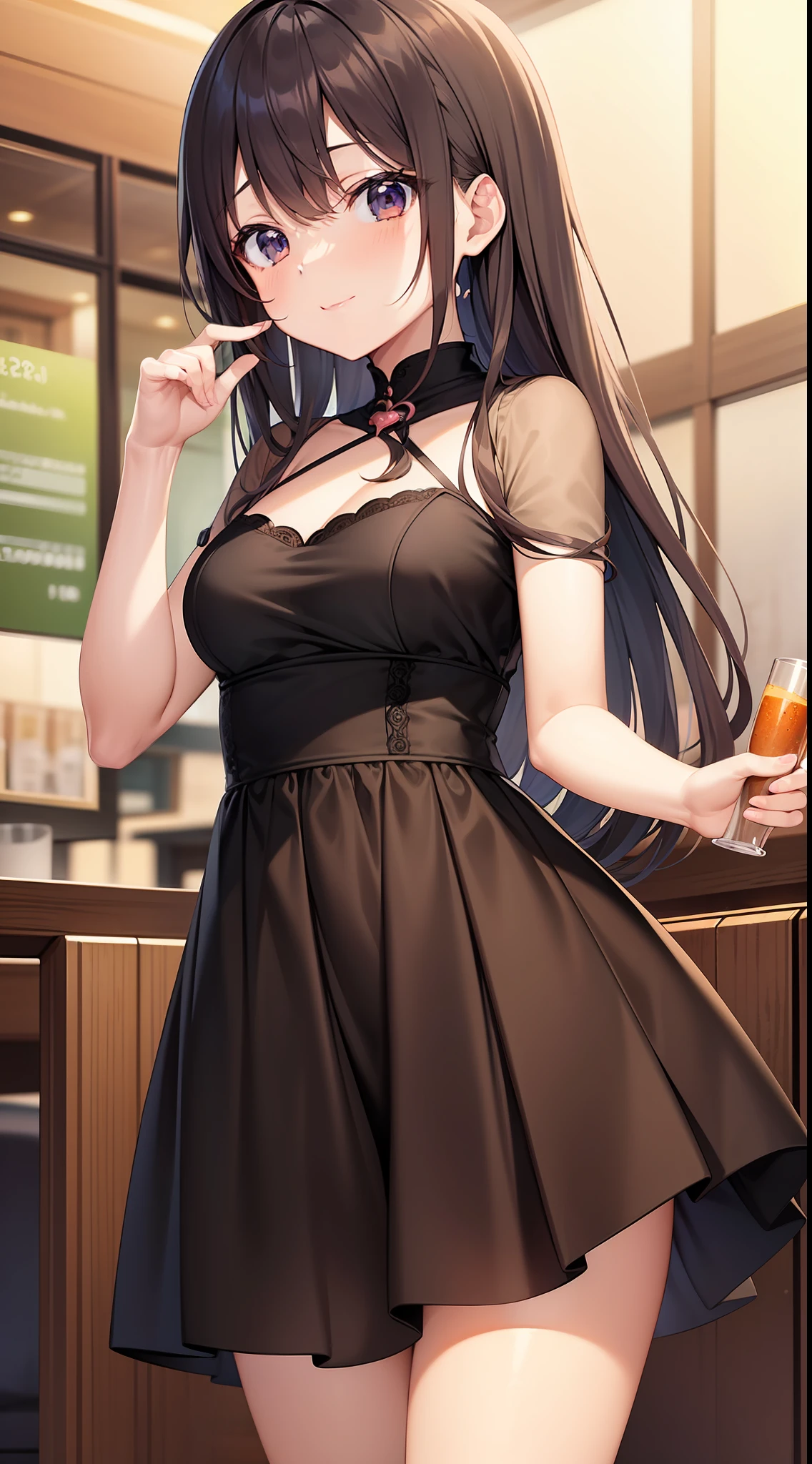 (Cute anime illustration:1.2)、top-quality、
1girl in ,
Black dress、
longhair
In the restaurant、
smil