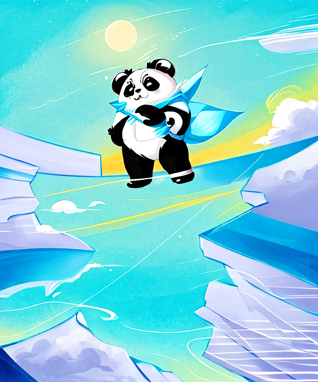 Cartoon panda bear dressed as a superhero flying over a cliff, Fanart de alta qualidade, Panda Panda Panda, panda, inspirado em Wuzhun Shifan, official fan art, Fanart oficial, papel de parede!, inspirado em Pan Tianshou, inspirado em Zhu Da, Arte Oficial, inspirado em Yu Zhiding, a panda in space, inspirado no Mestre Kanbun