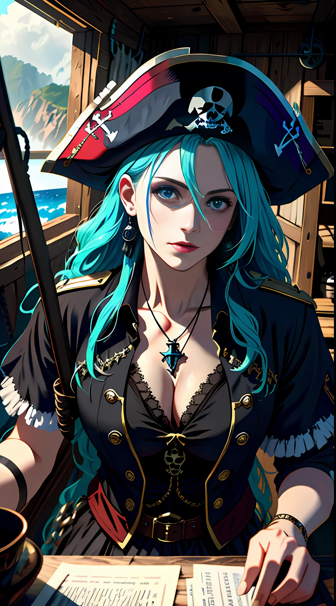 Dark and gloomy whole body 8K uniform rendering, Maiden pirate, Pirate hat,crisp breasts,Rainbow gradient hair, Wearing tattered armor, In a cluttered shack , Motion blurred,action shot, tattered torn shirt, Cracking of porcelain skin, skin pore, detailed intricate iris, Sail ships,the ocean,very dark lighting, heavyshading, Detailed, Detailed face, (vibrant, photograph realistic, Realistic, Dramatic, Dark, Sharp focus, 8K)