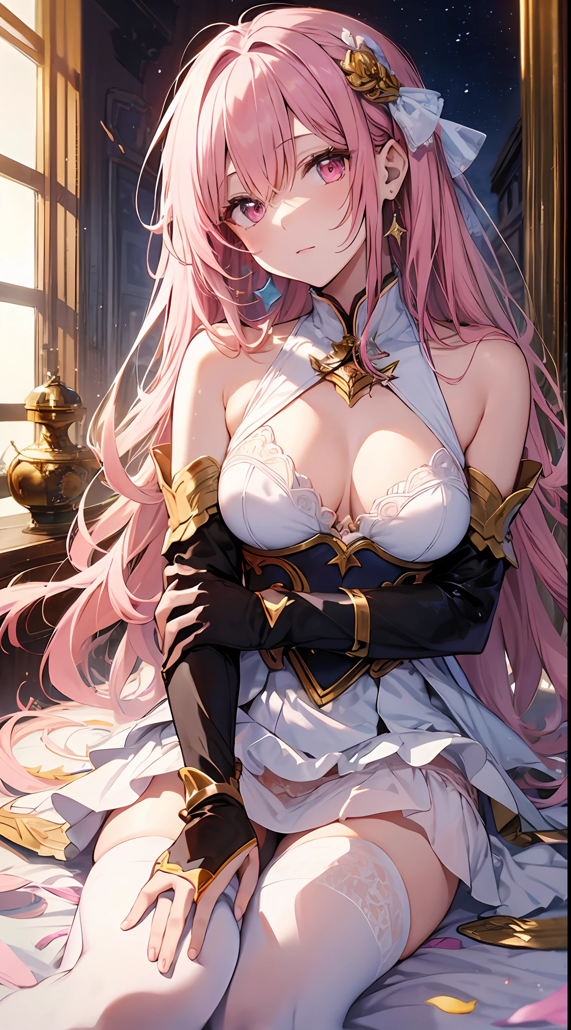 A masterpiece of literary text、best qualtiy、Asuna\(stars\)、1girll、armature、bare shoulders、face flushed、chest plate、Pink eyes、Pink hair、Luxurious dresses、Short skirt、Lambent Light、long whitr hair、Watch your audience、Golden Ribbon、Ribbons、sword sheath、White dress Hairy hair Castle room Room with atmosphere small tits,(White panty hose)