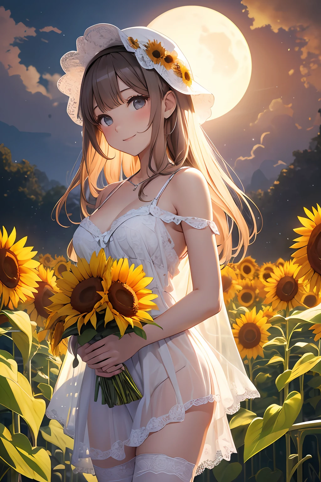 absurdres, highres
BREAK
a girl (holding:1.2) (sunflower) (bouquet:1.2) in arms, in sunflower field, (smile, happy:1.2), (night:1.4), (negligee), white outfits, white (night cap:1.25) on head, beautiful lace, standing, looking at viewer