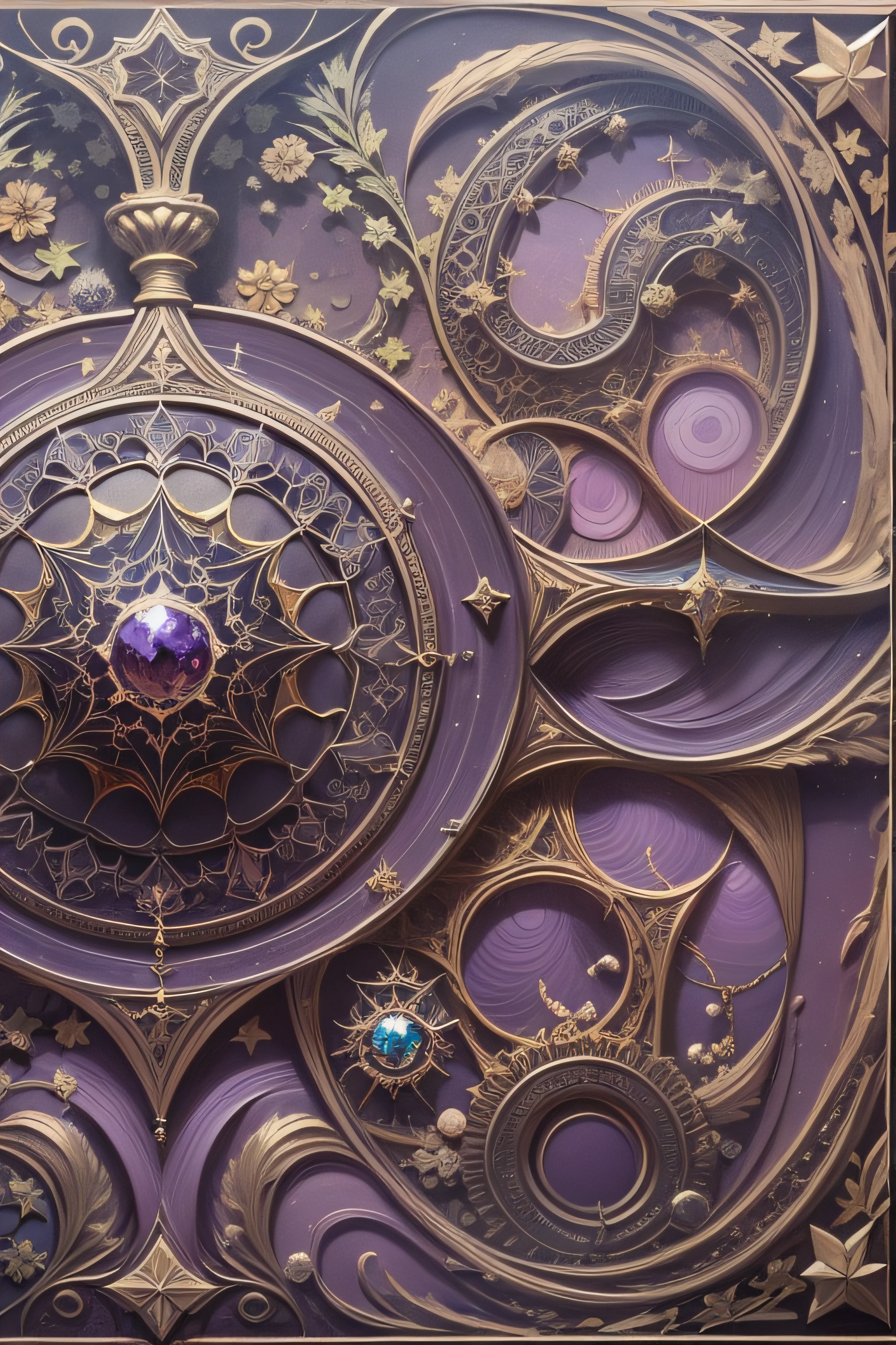 estrela de cinco pontas, magia, simetria, maths, renascentista, oil painting, 2d canvas, altamente detalhado, intricado, classic paint, monochromatic purple, cristal, ornamentado, circles, Gothic ornament, graphic design, best proportion