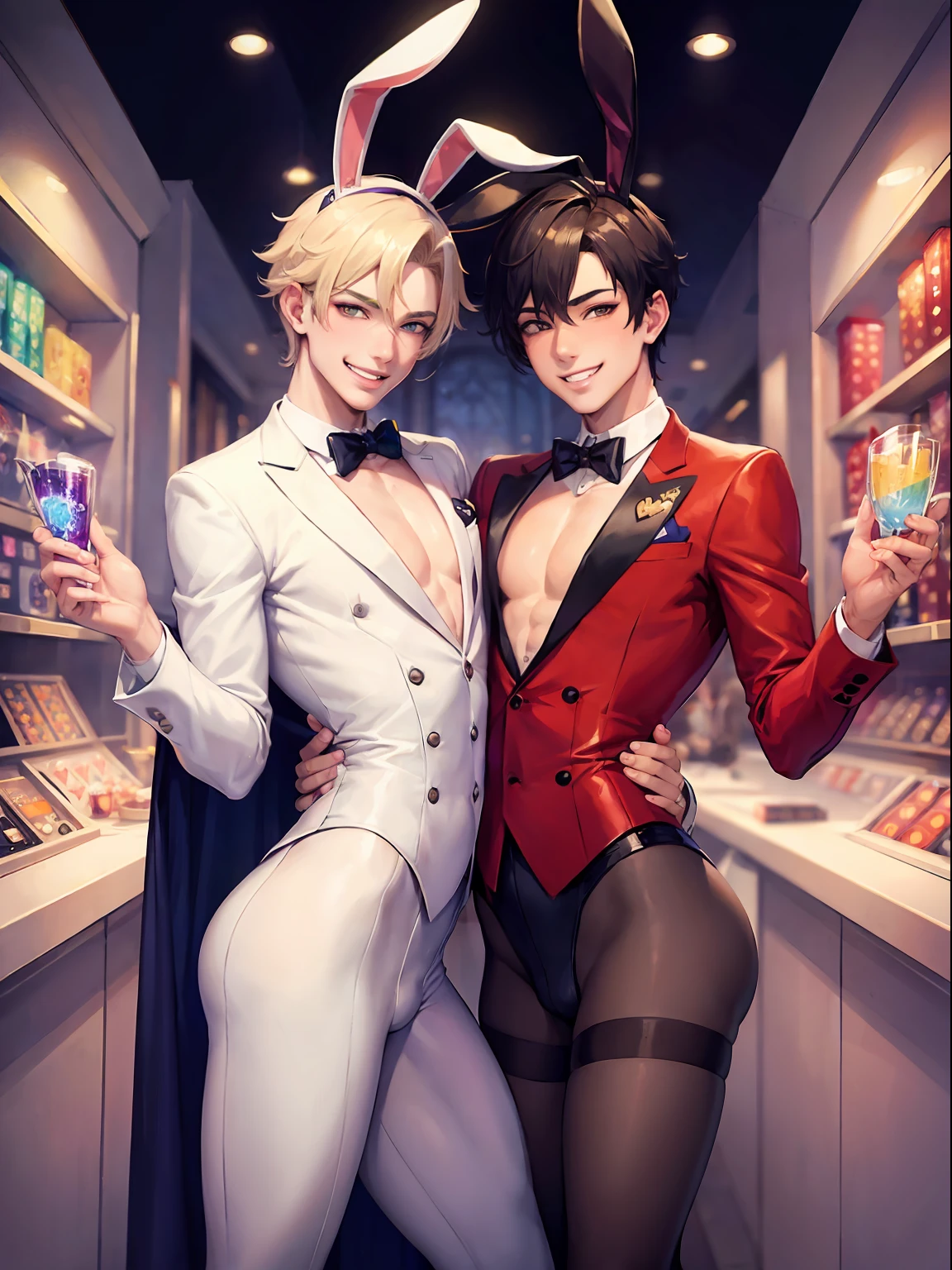 (​masterpiece:1.2), ultra-detailliert, 2male,yaoi,gay male playboy bunny,grin,gay couple,casino